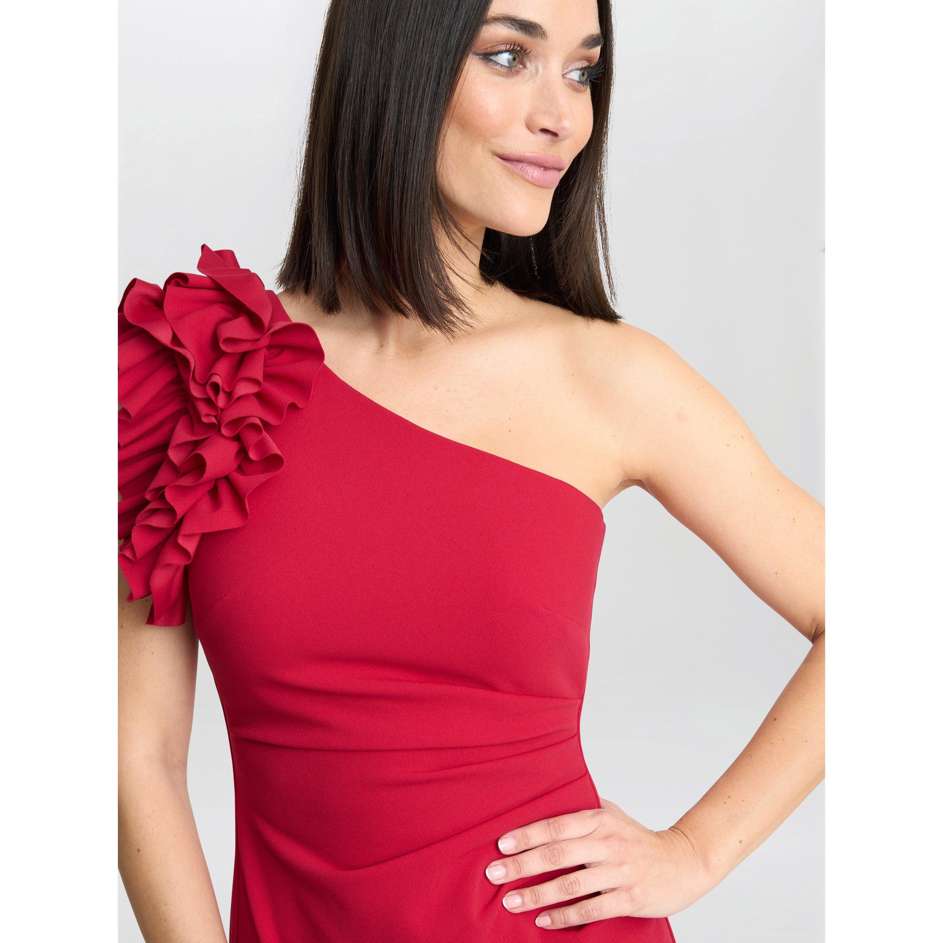Red - Gina Bacconi - Nicole Ruffled One Shoulder Maxi Dress - 5