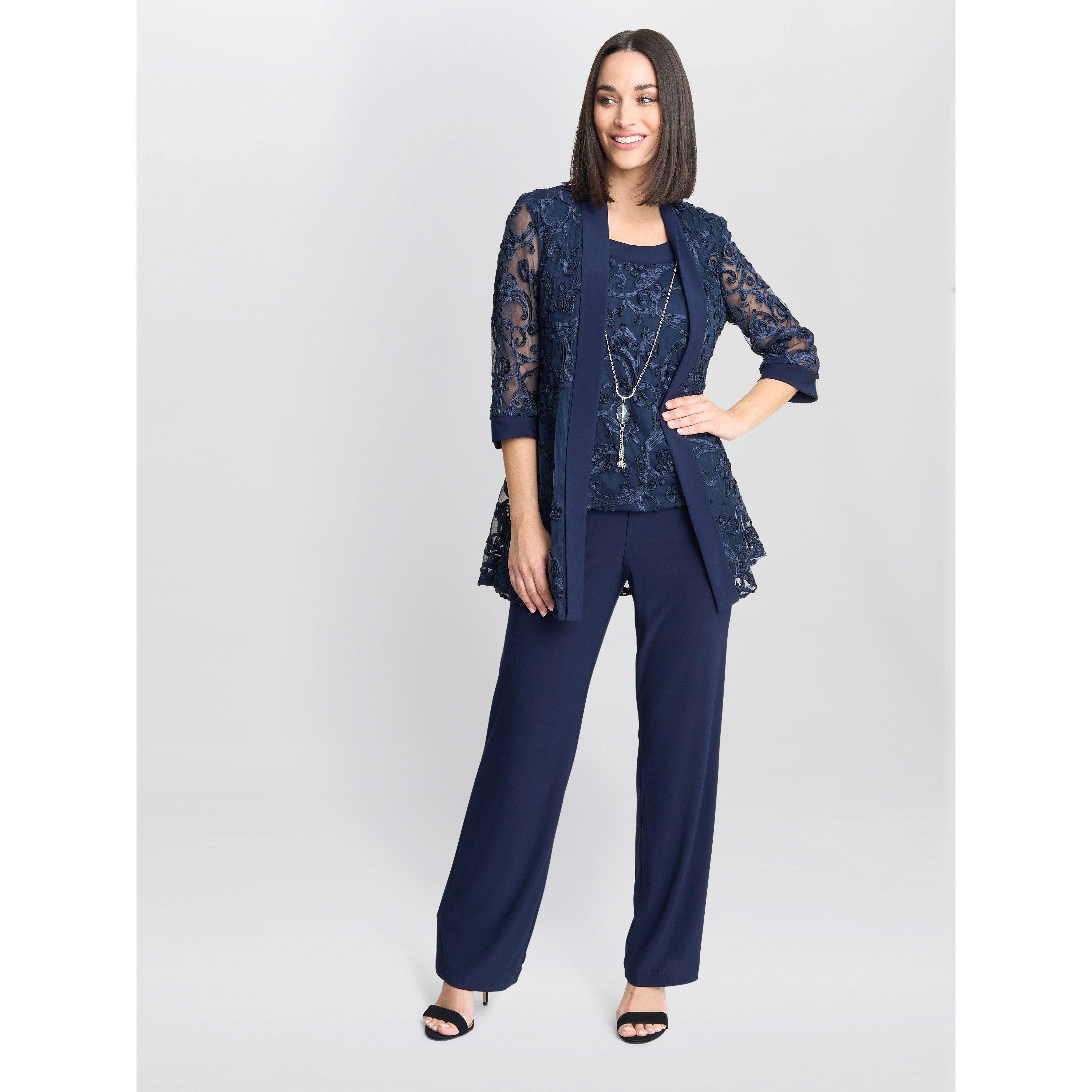 Navy - Gina Bacconi - Joelle Embroidere Two Piece Trouser Suit - 3