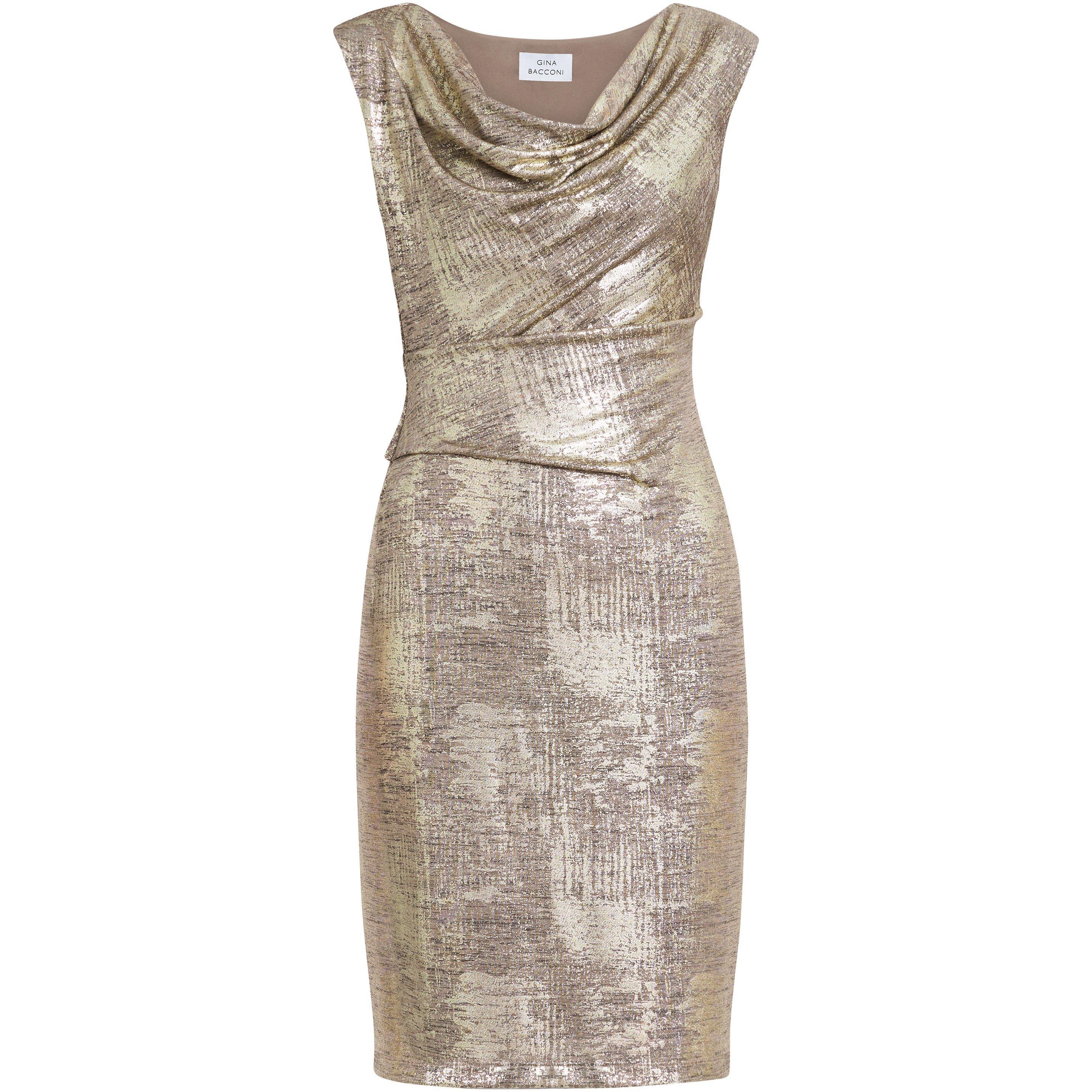 Gold - Gina Bacconi - Payton Foil Print Cowl Neck Wrap Dress - 3