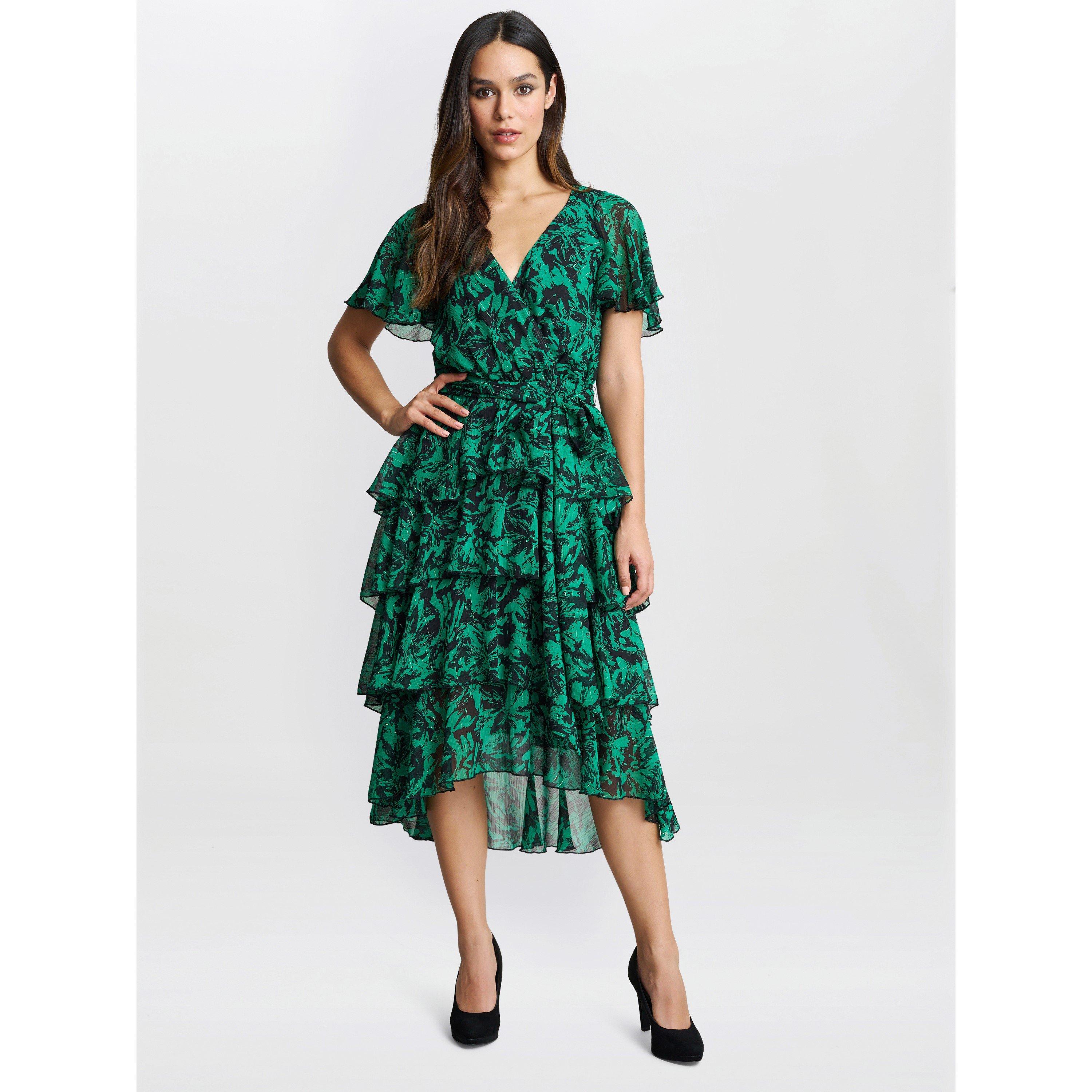 Green / Black - Gina Bacconi - Lottie Elastic Waist Tiered Dress - 1