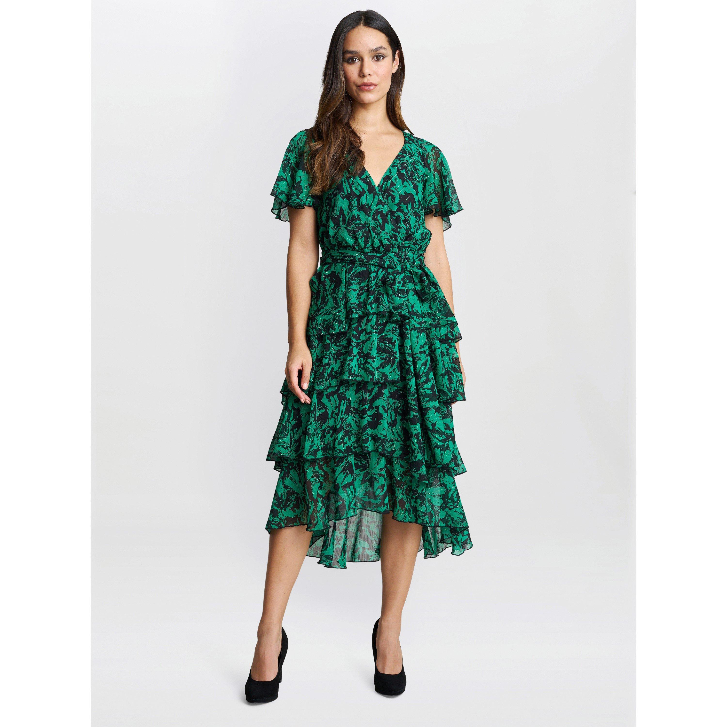 Green / Black - Gina Bacconi - Lottie Elastic Waist Tiered Dress - 3