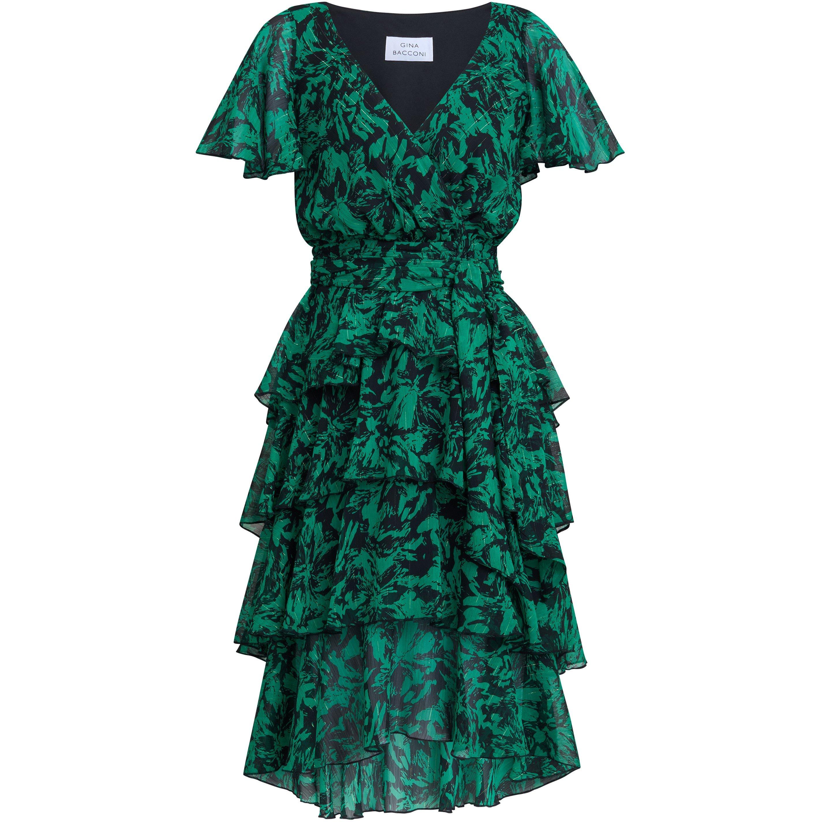 Green / Black - Gina Bacconi - Lottie Elastic Waist Tiered Dress - 4
