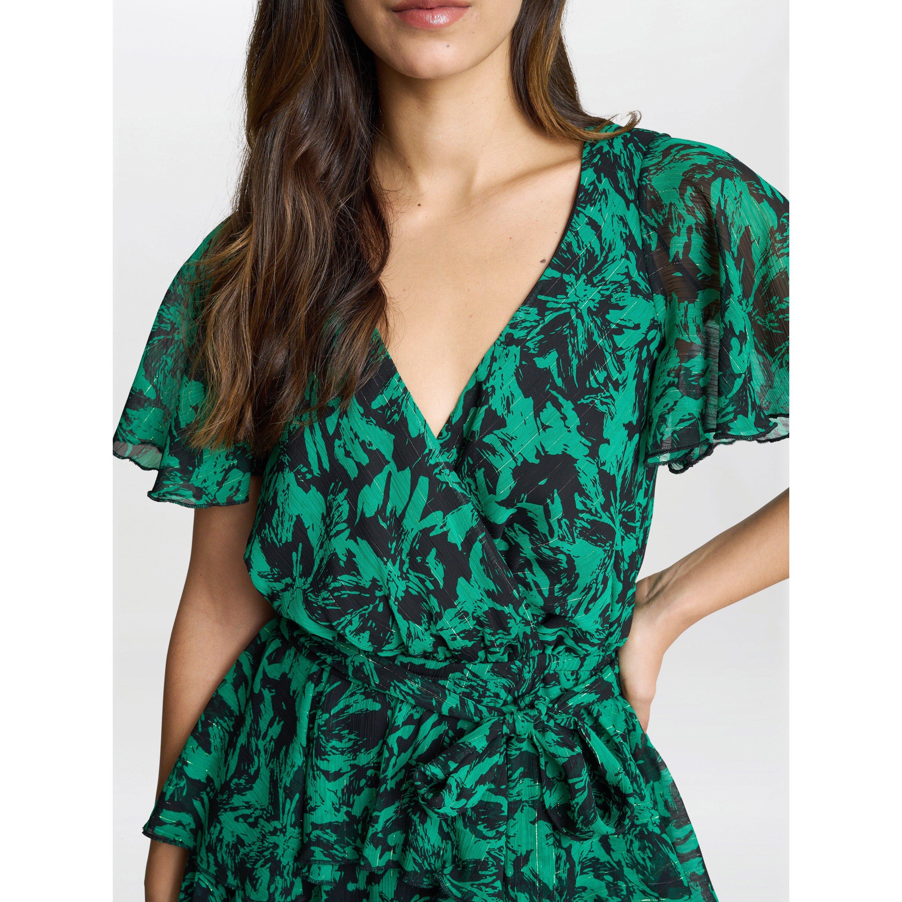 Green / Black - Gina Bacconi - Lottie Elastic Waist Tiered Dress - 5