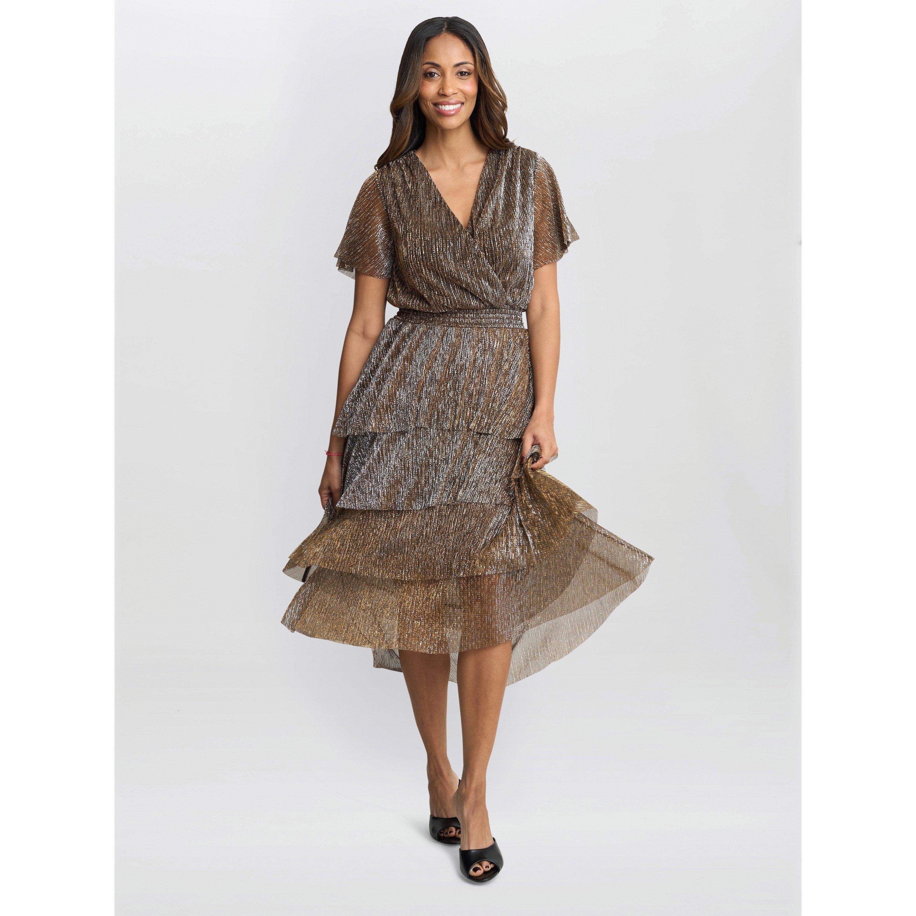 Black / Gold - Gina Bacconi - Cheri Metallic Knit Tiered Dress - 3