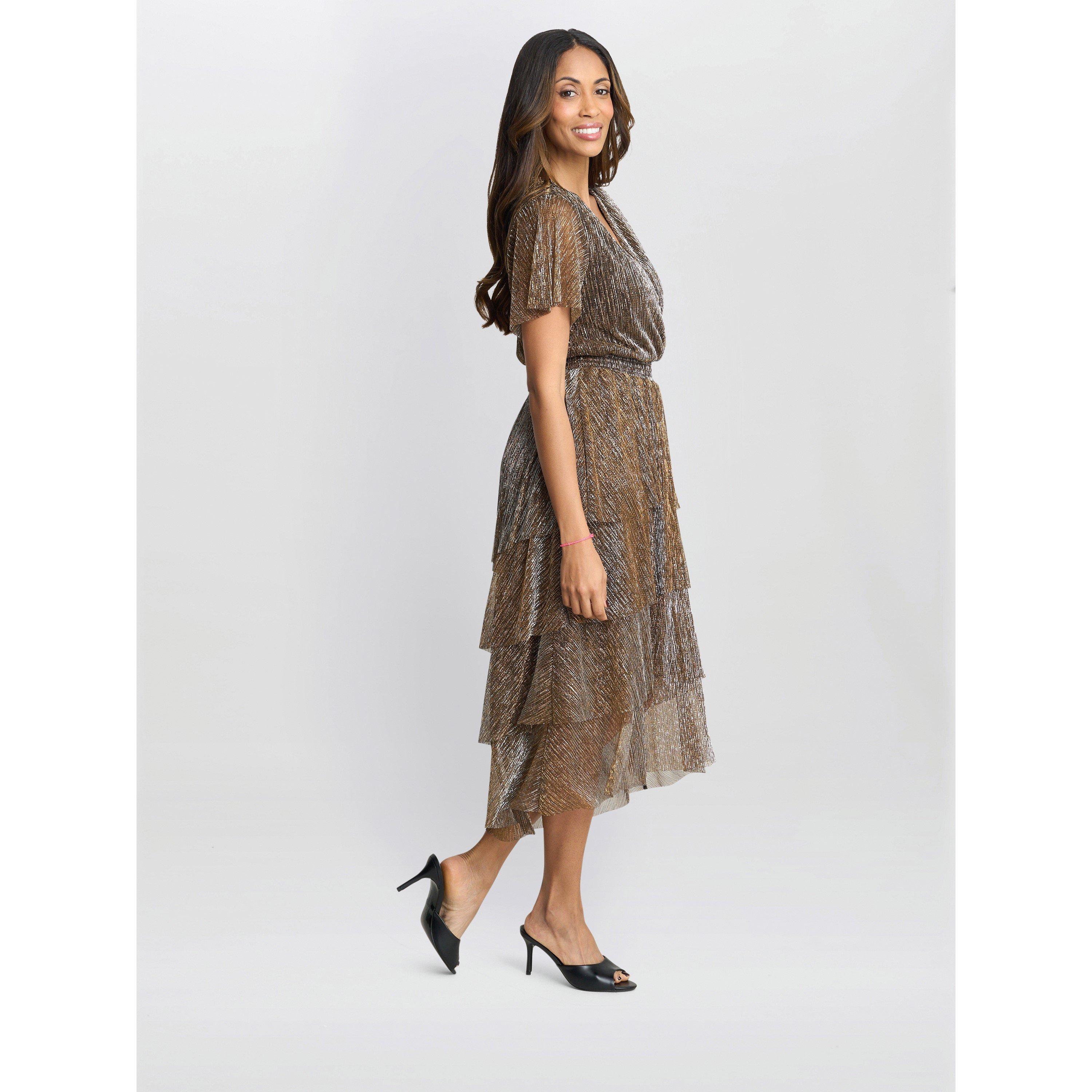 Black / Gold - Gina Bacconi - Cheri Metallic Knit Tiered Dress - 7
