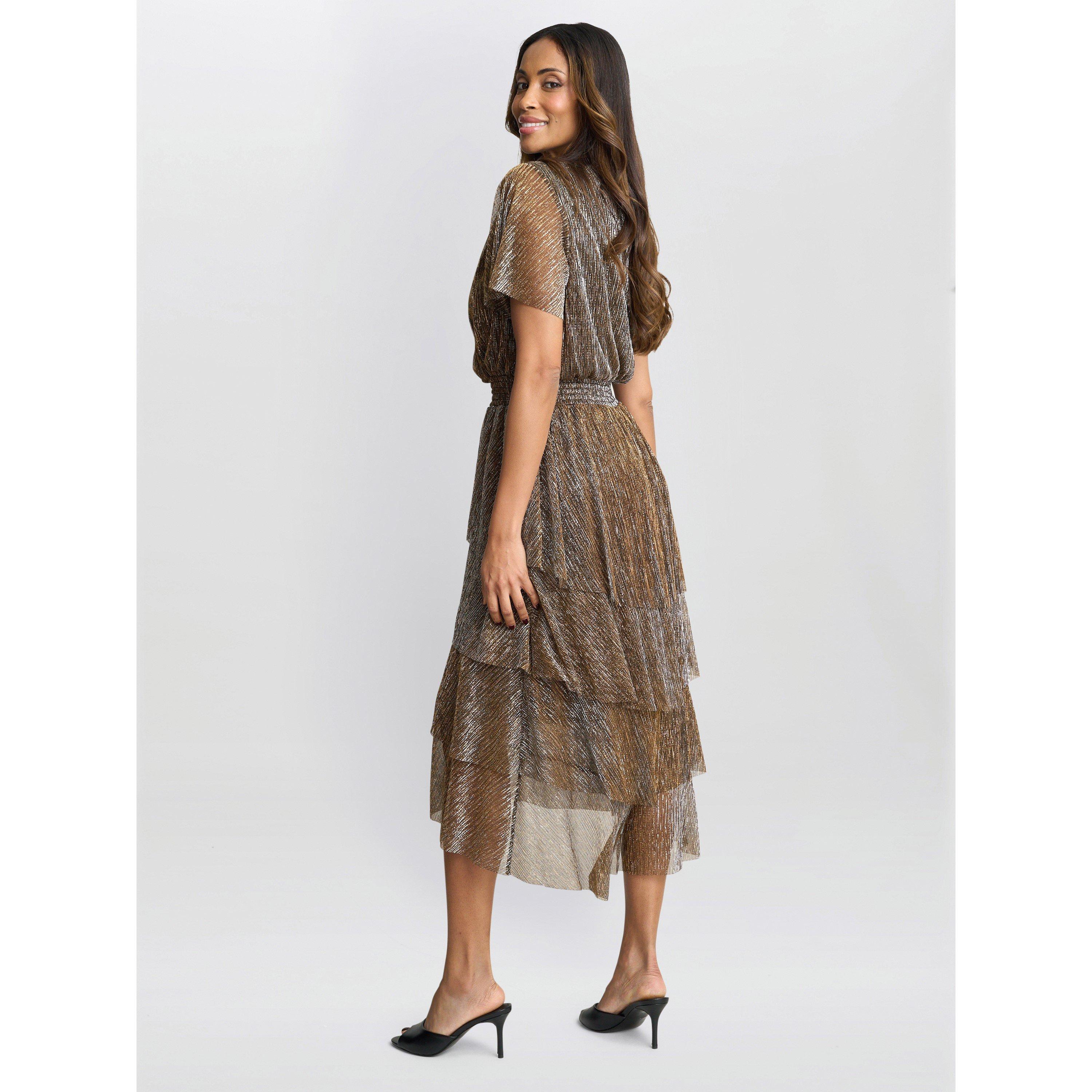 Black / Gold - Gina Bacconi - Cheri Metallic Knit Tiered Dress - 8