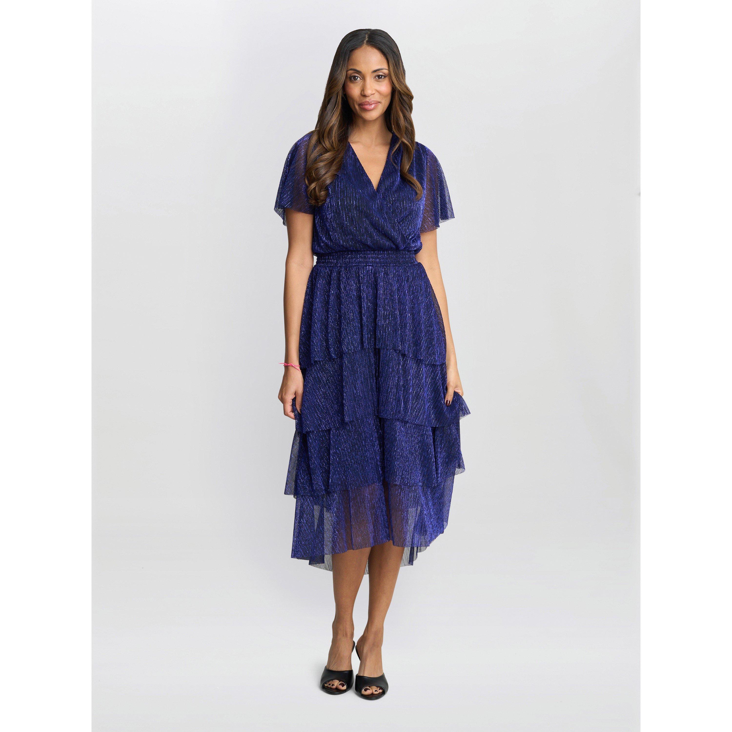 Gina Bacconi Women's Cheri Metallic Knit Tiered Dress - Cobalt - 16