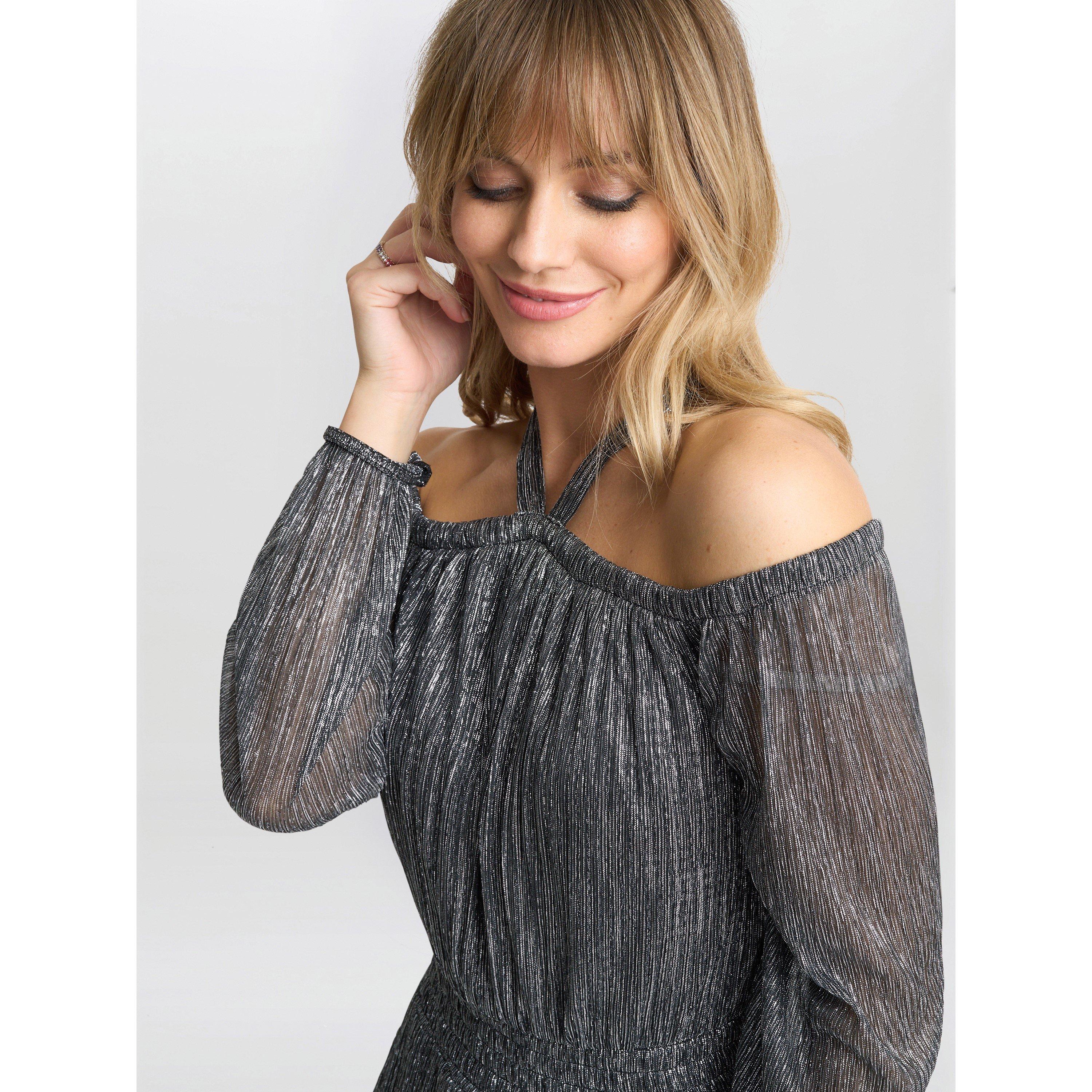 Sky Blue - Gina Bacconi - Sylvia Metallic Off The Shoulder Dress - 4