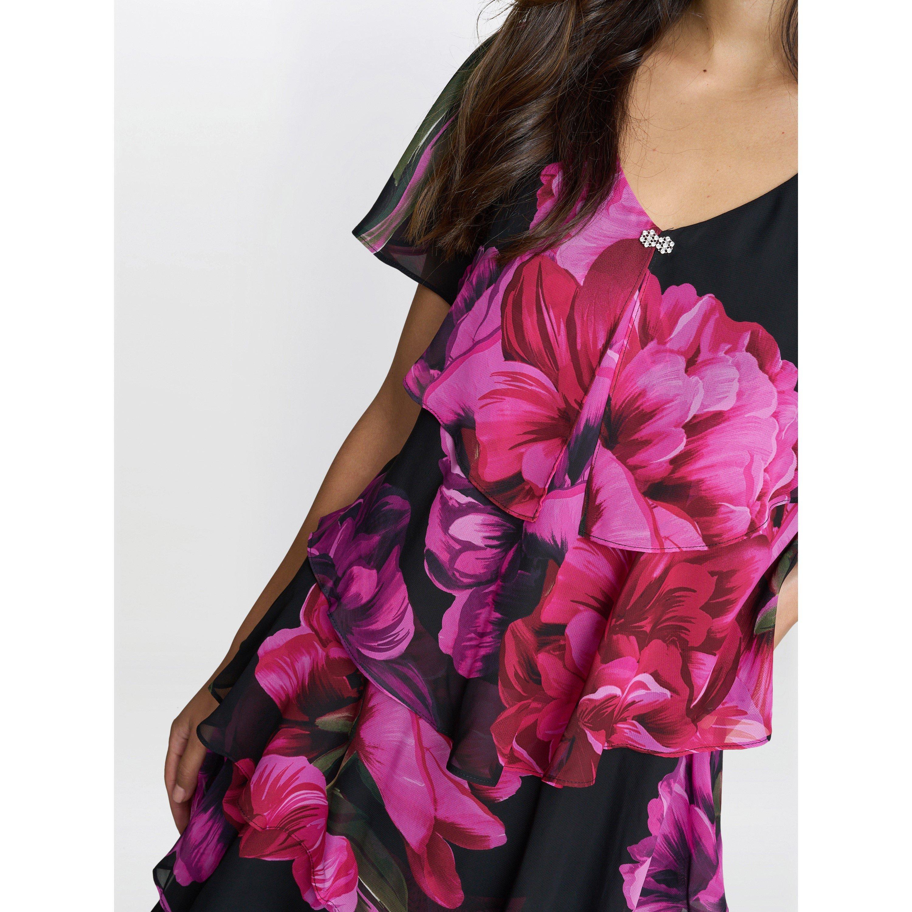 Black / Multi - Gina Bacconi - Skylar Short Printed Floral Tier Dress - 5