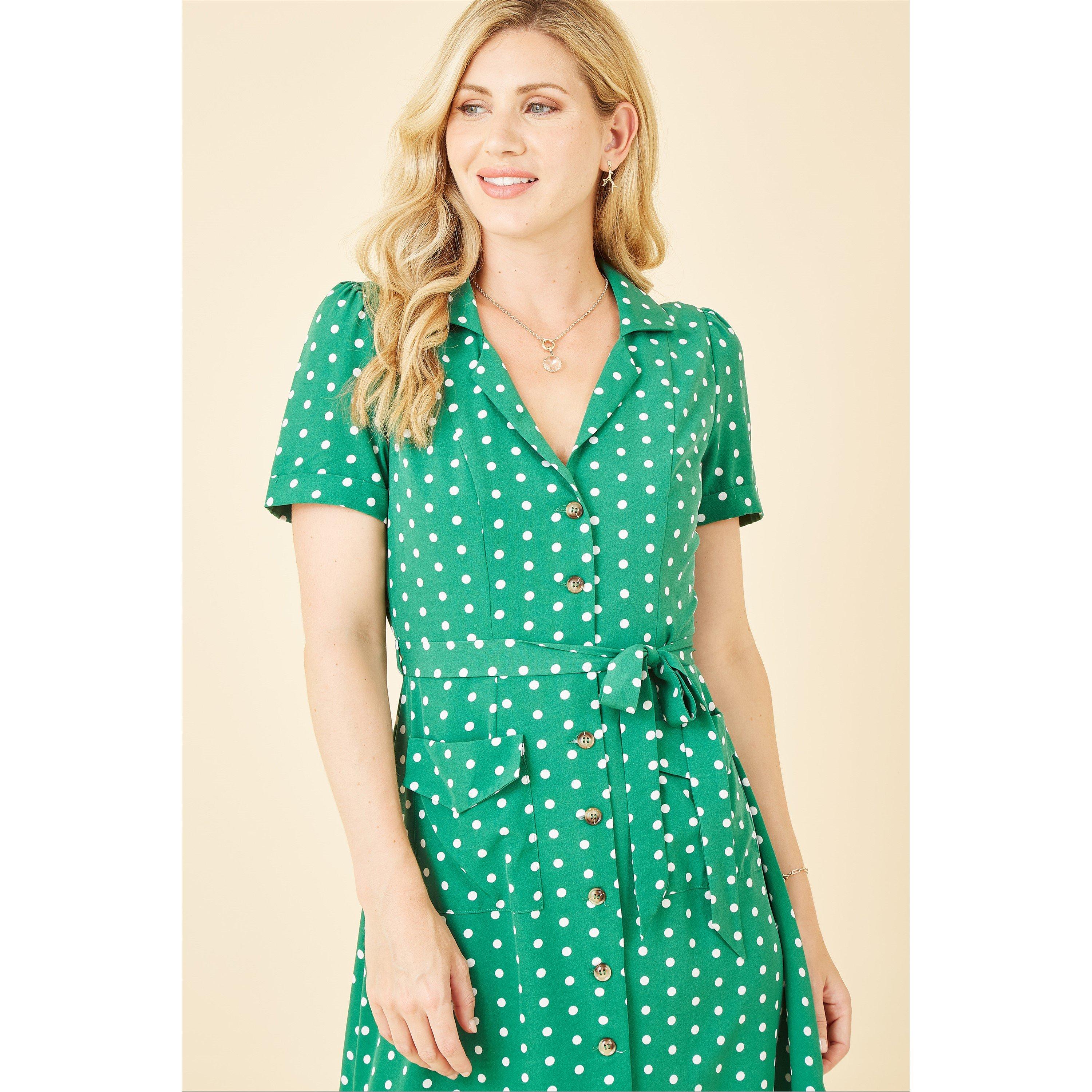Green - Yumi - Green Spot Retro Shirt Dress - 2