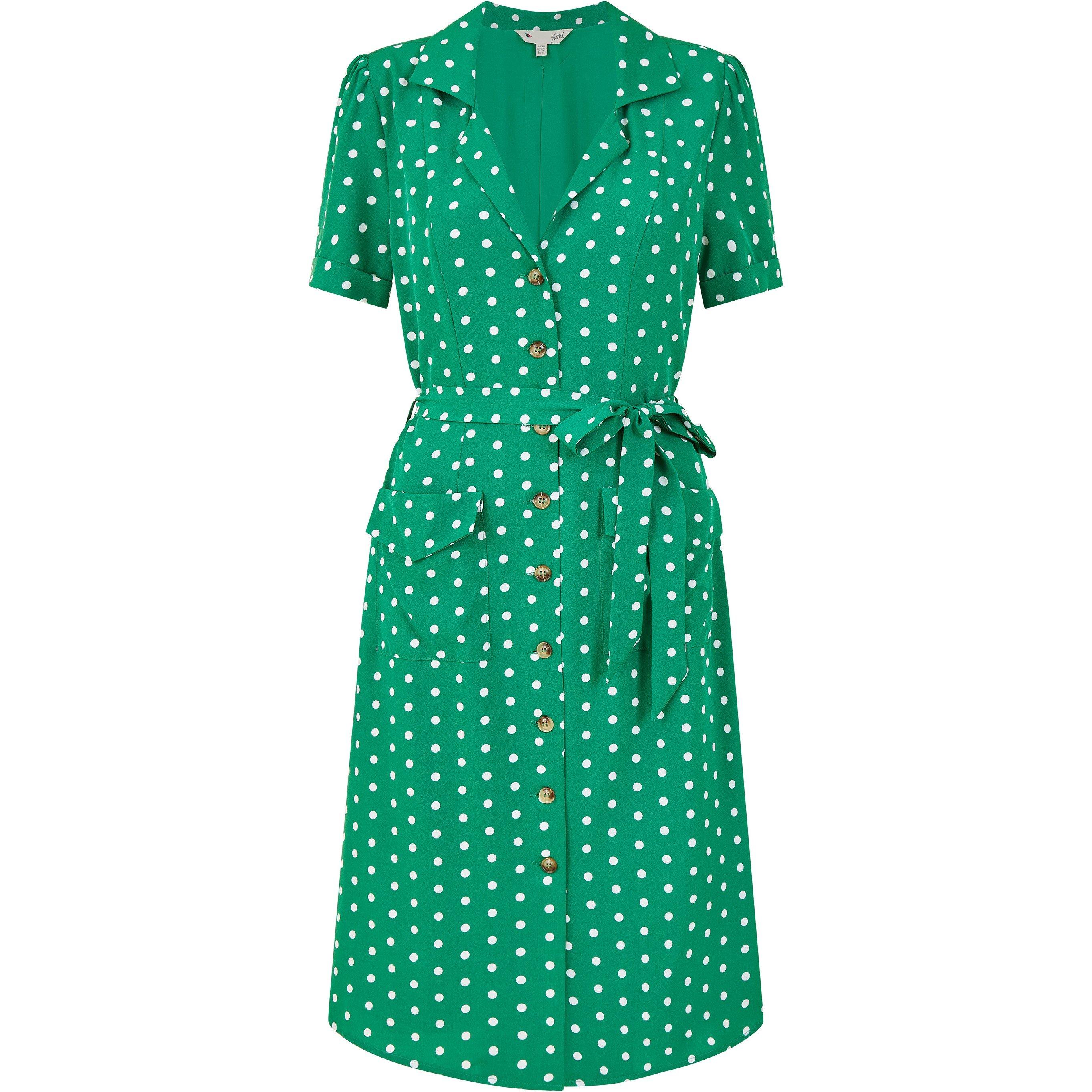 Green - Yumi - Green Spot Retro Shirt Dress - 4