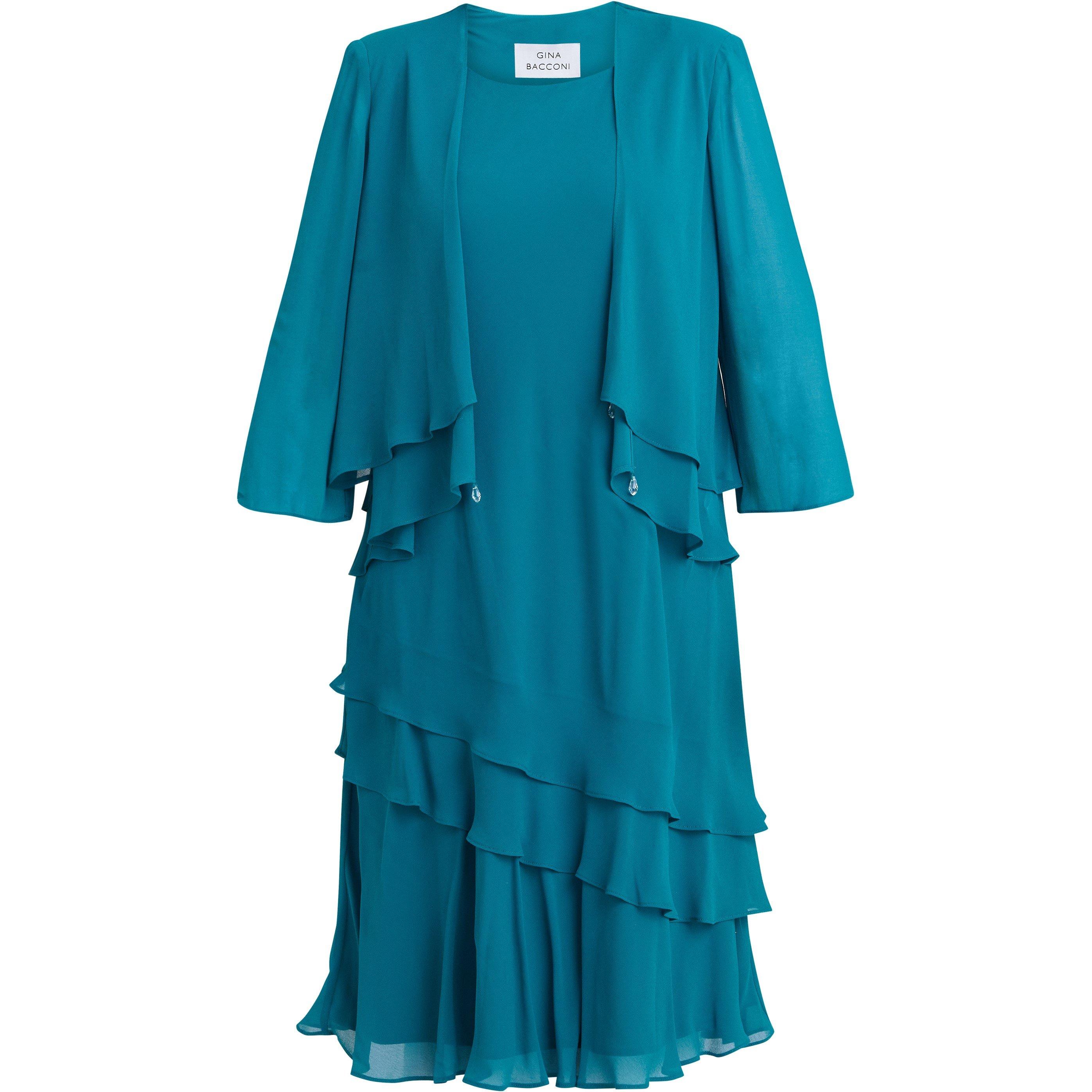 Gina Bacconi Women's Lola Jacket And Asymmetric Tiered Dress - Teal - 22