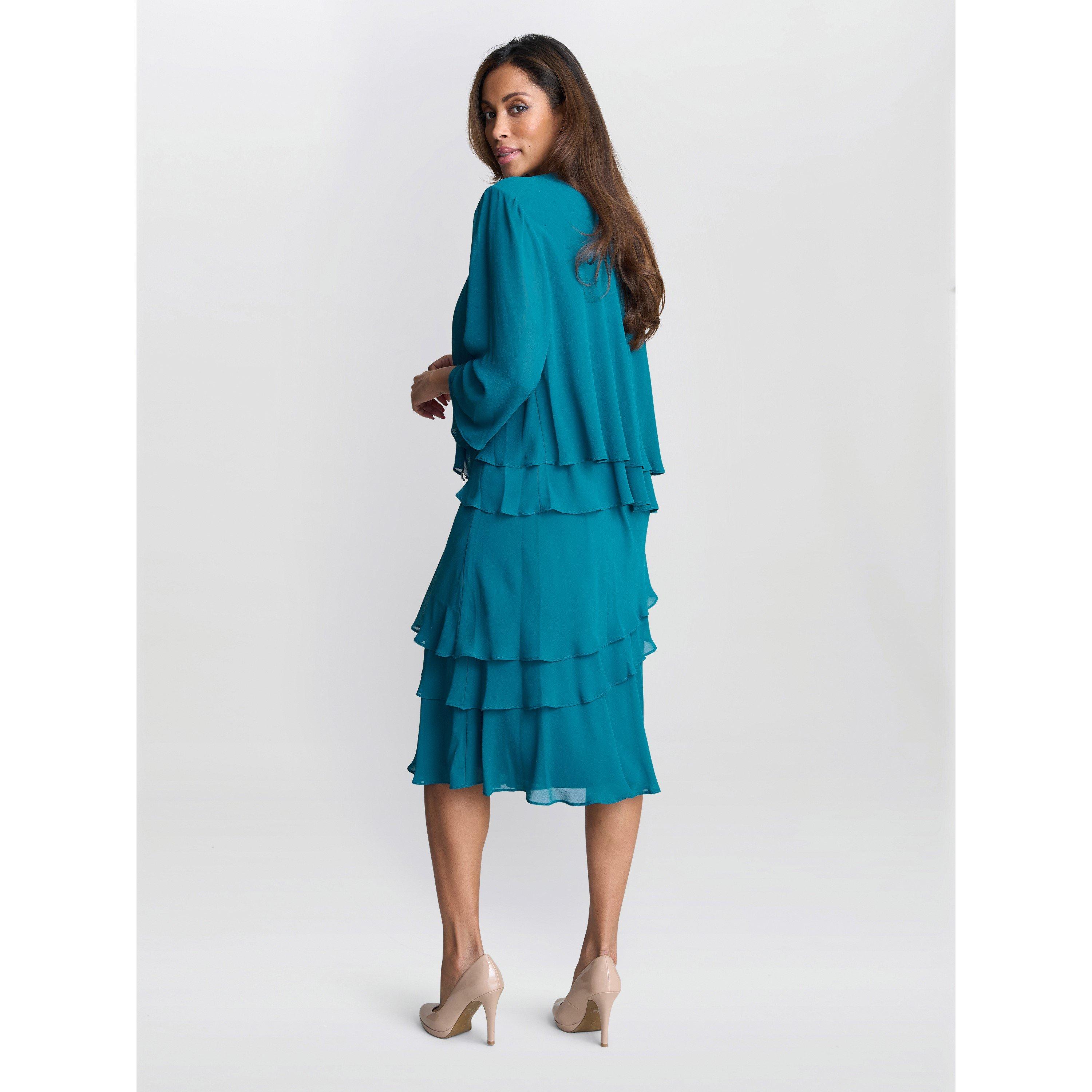Teal - Gina Bacconi - Lola Jacket And Asymmetric Tiered Dress - 3