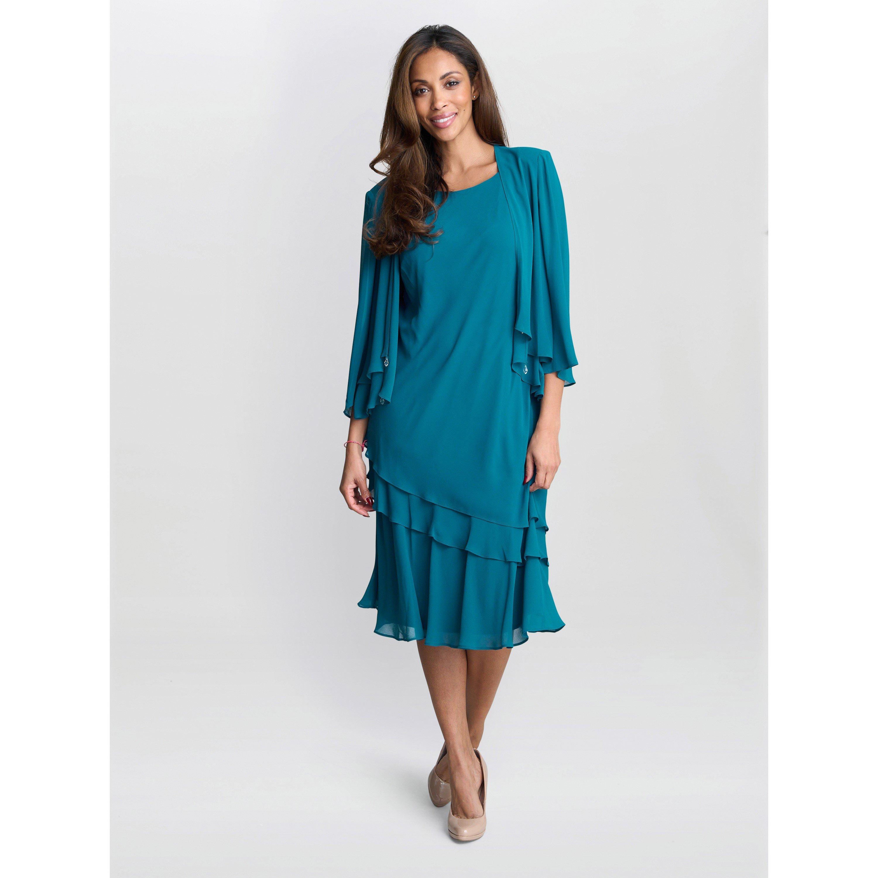 Teal - Gina Bacconi - Lola Jacket And Asymmetric Tiered Dress - 4