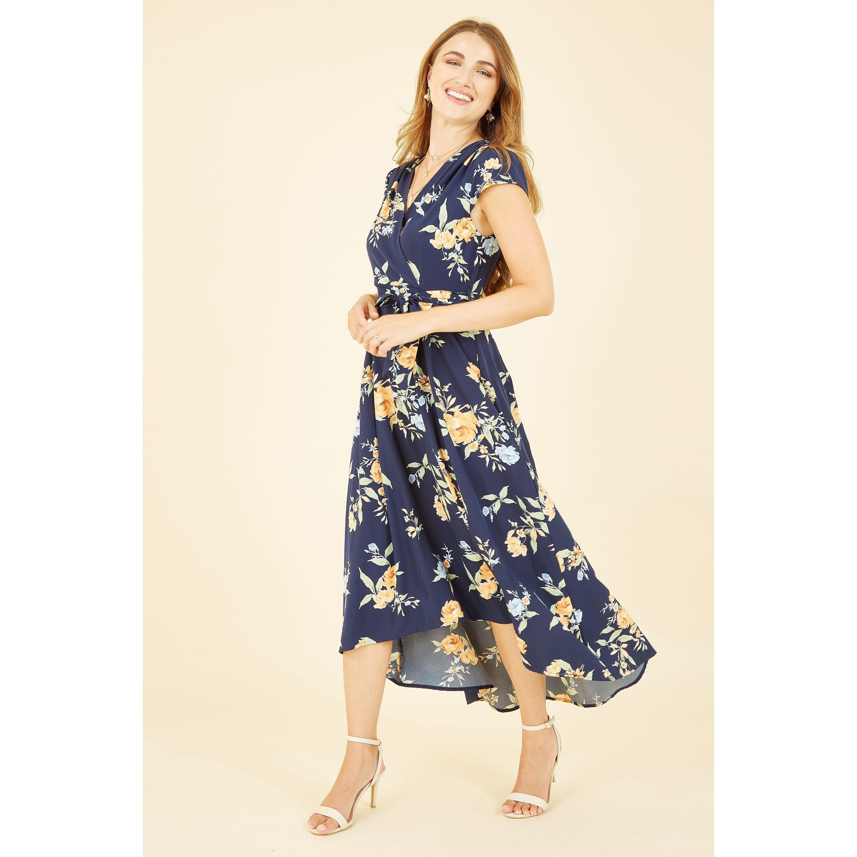 Navy - Mela London - Navy Floral Print Dipped Hem Wrap Dress - 1