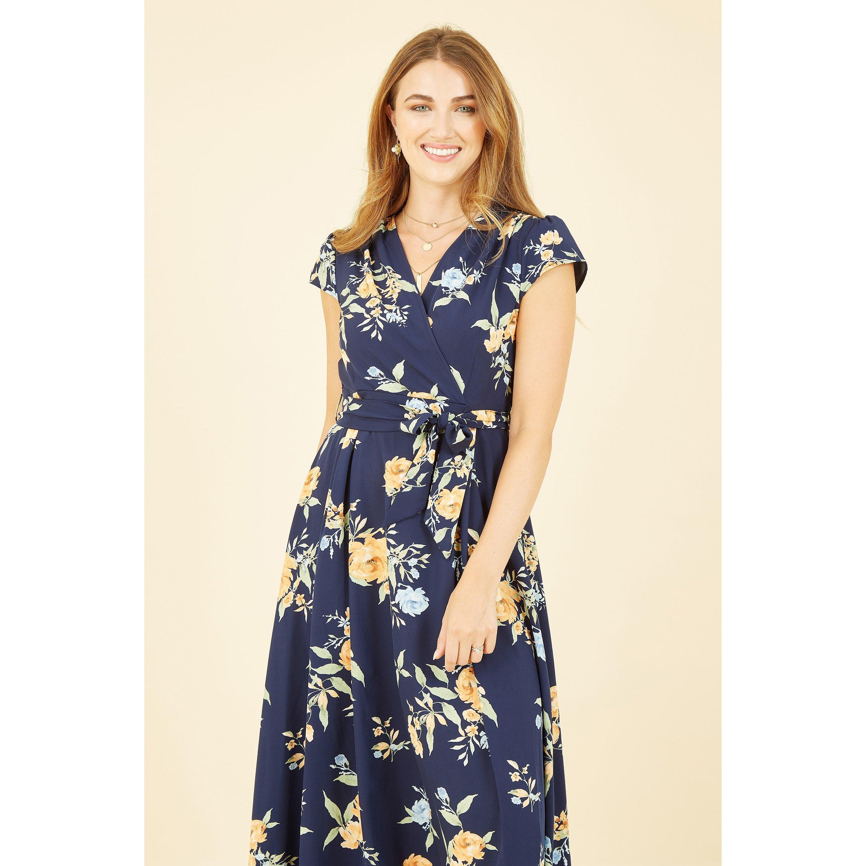 Navy - Mela London - Navy Floral Print Dipped Hem Wrap Dress - 2