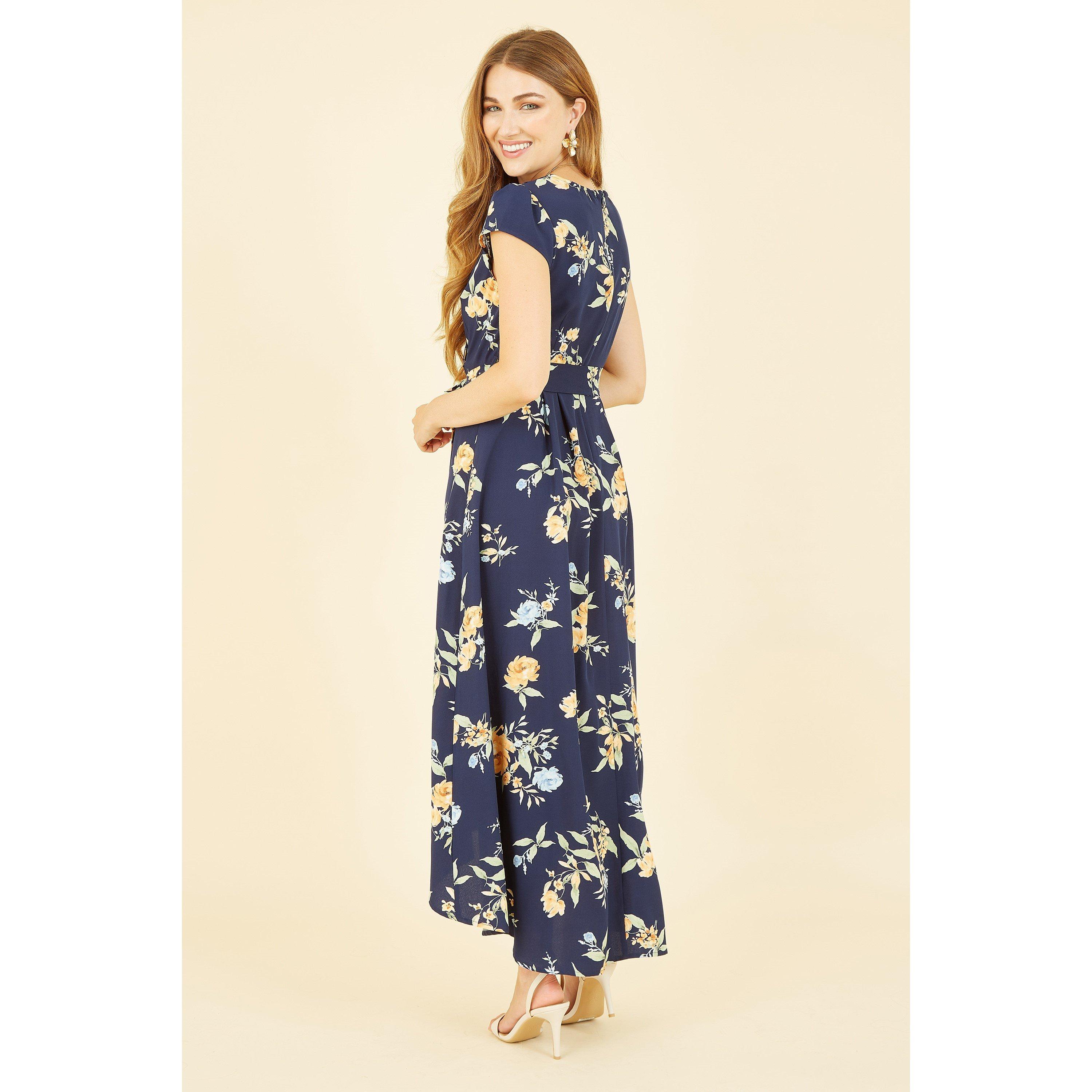 Navy - Mela London - Navy Floral Print Dipped Hem Wrap Dress - 3