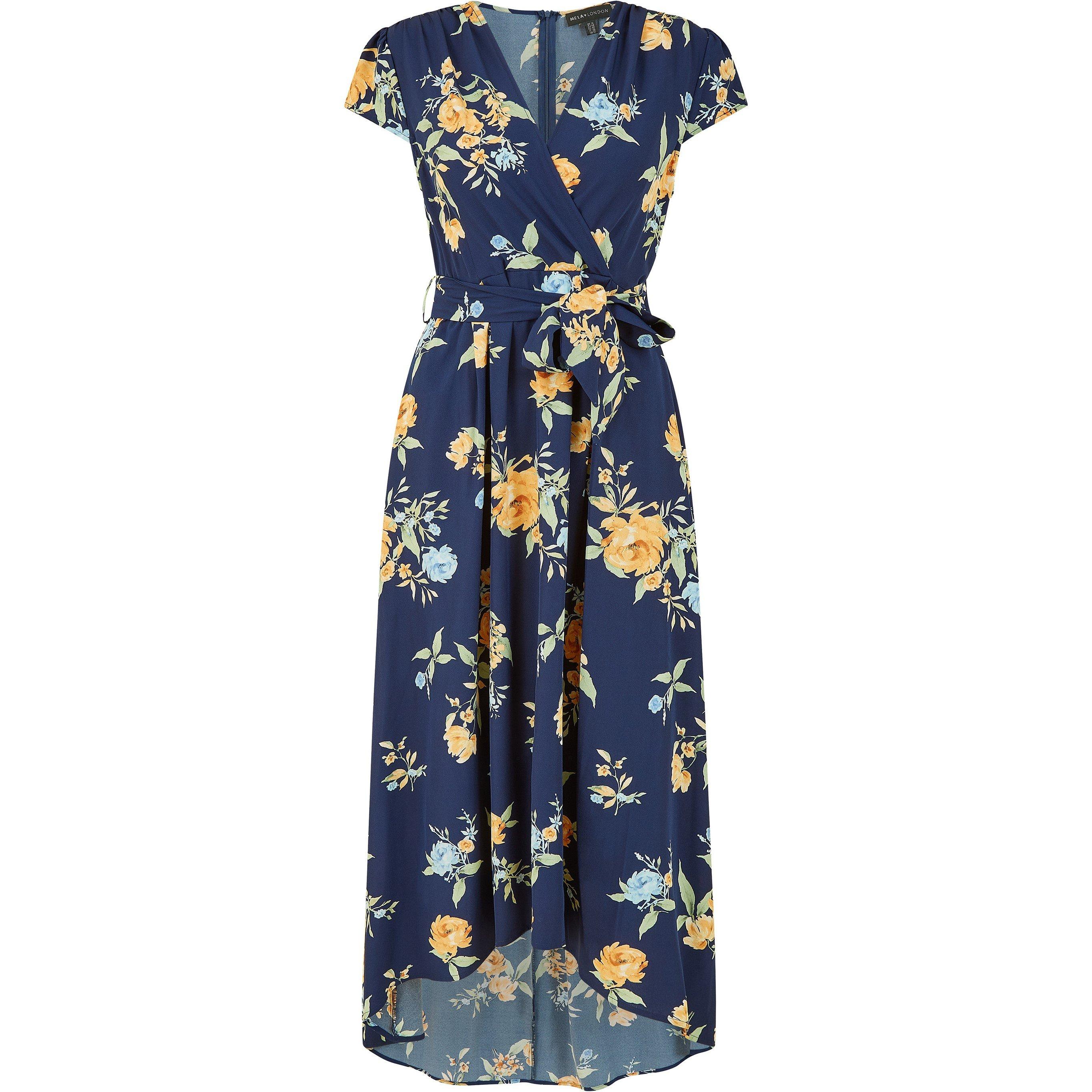 Navy - Mela London - Navy Floral Print Dipped Hem Wrap Dress - 4