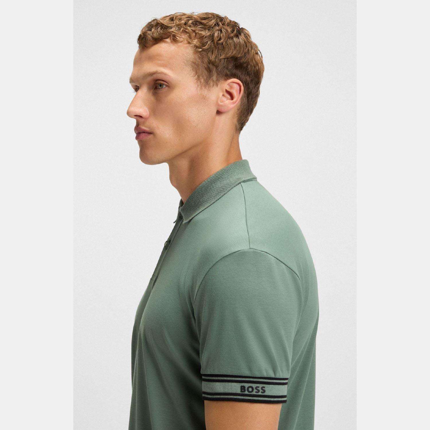 Green - Boss - Zone Stripe Cuff Polo Shirt - 2