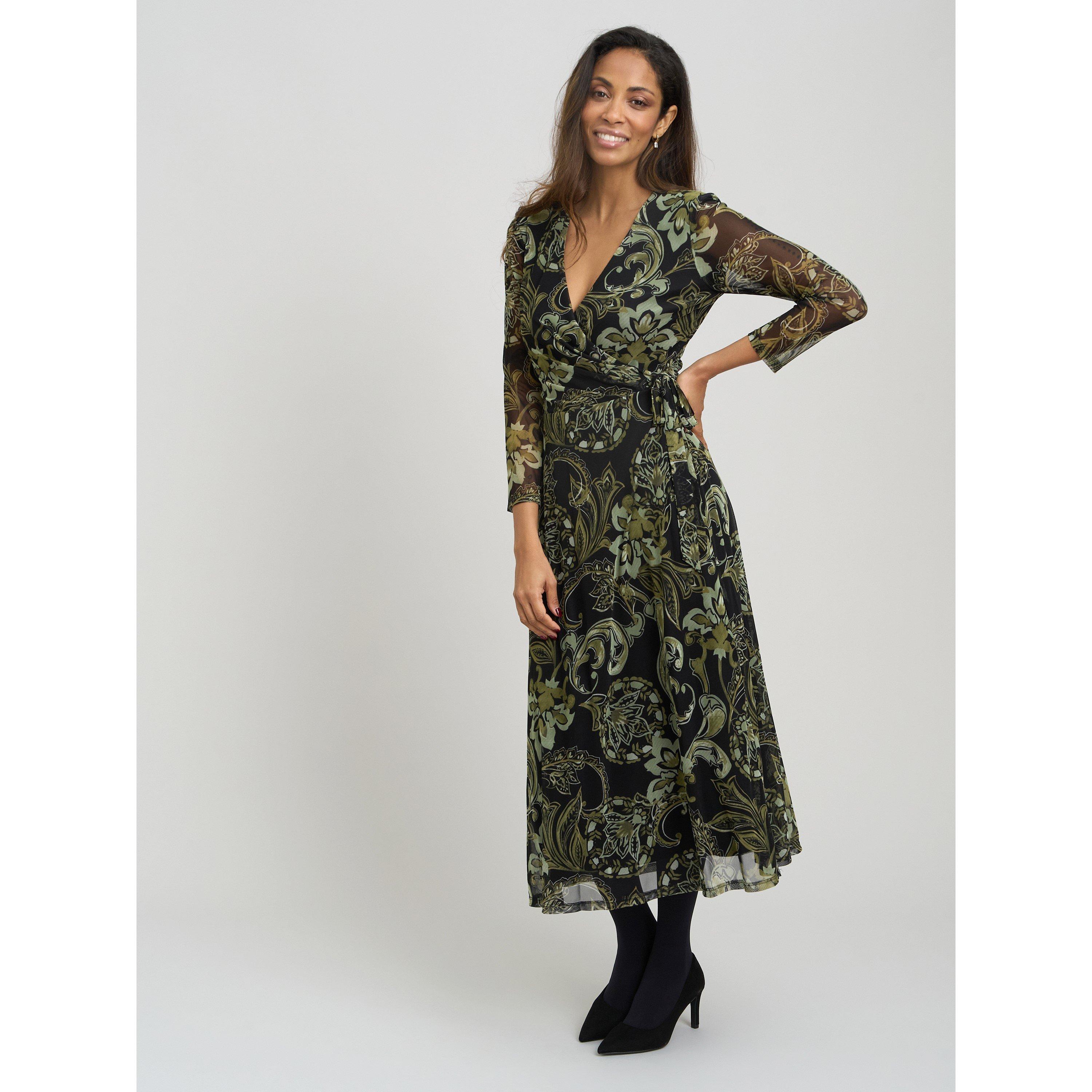 Black / Green - Gina Bacconi - Chestina Print Mesh Wrap Midi Dress - 3