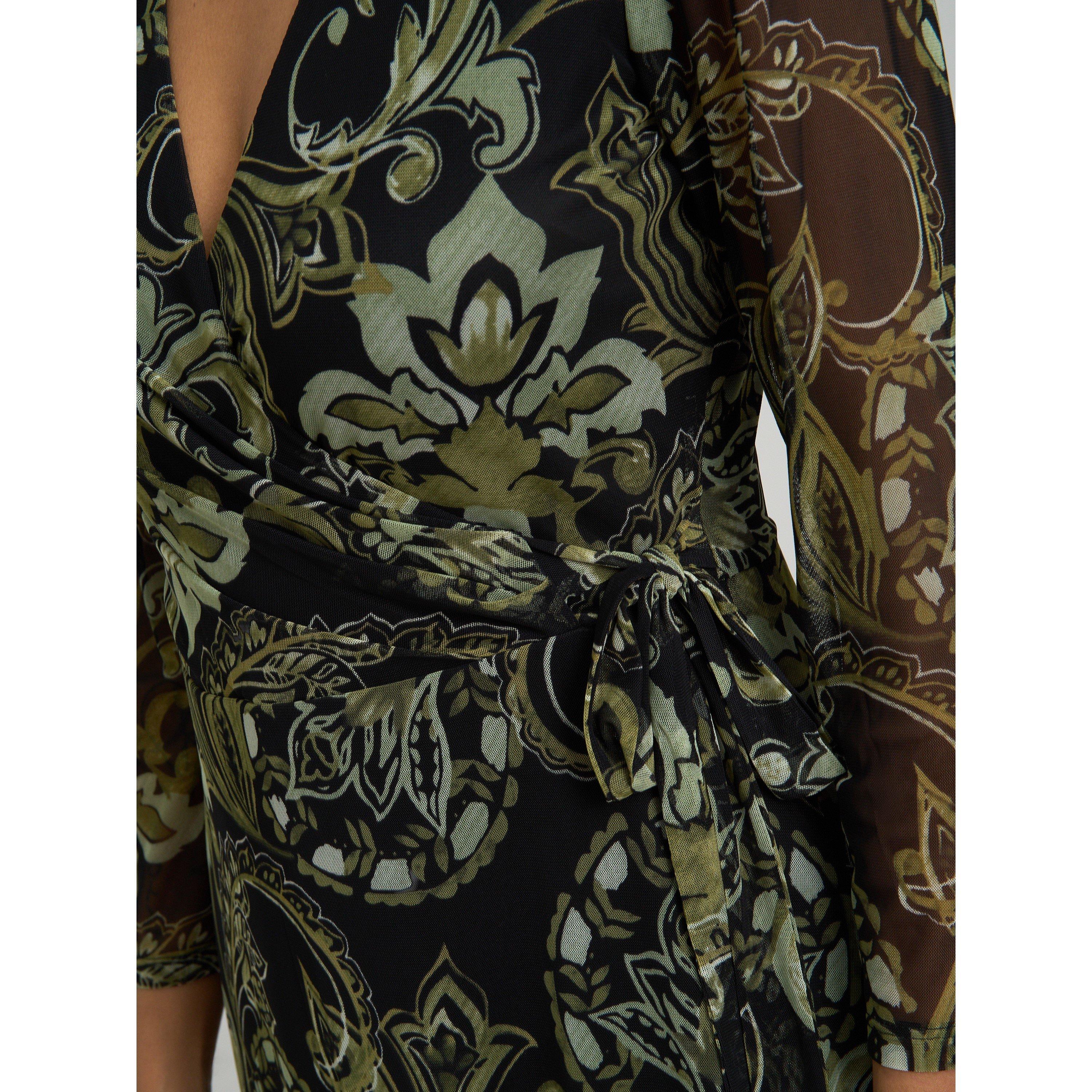 Black / Green - Gina Bacconi - Chestina Print Mesh Wrap Midi Dress - 4