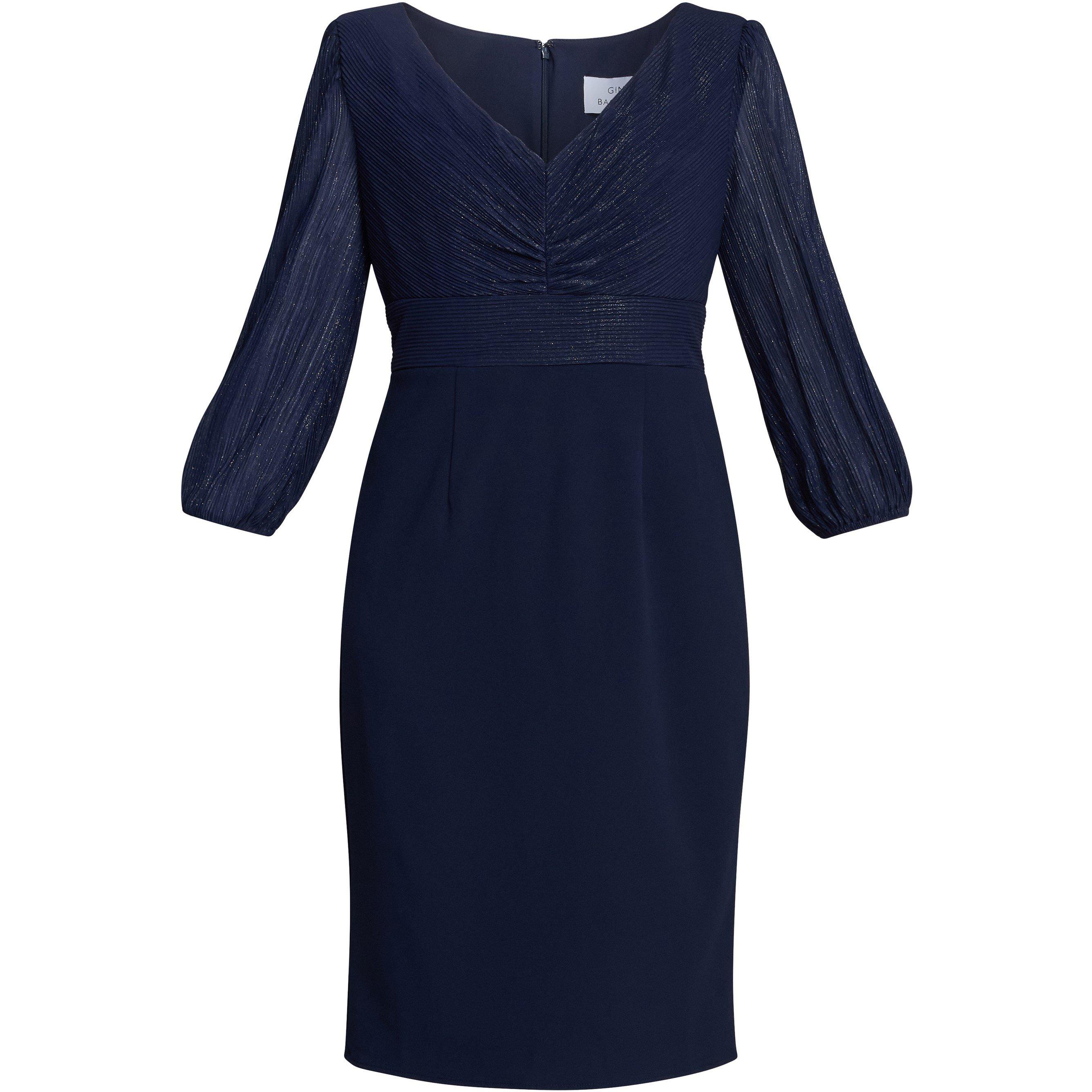 Navy - Gina Bacconi - Britney Metallic Pleated Bodic Dress - 1