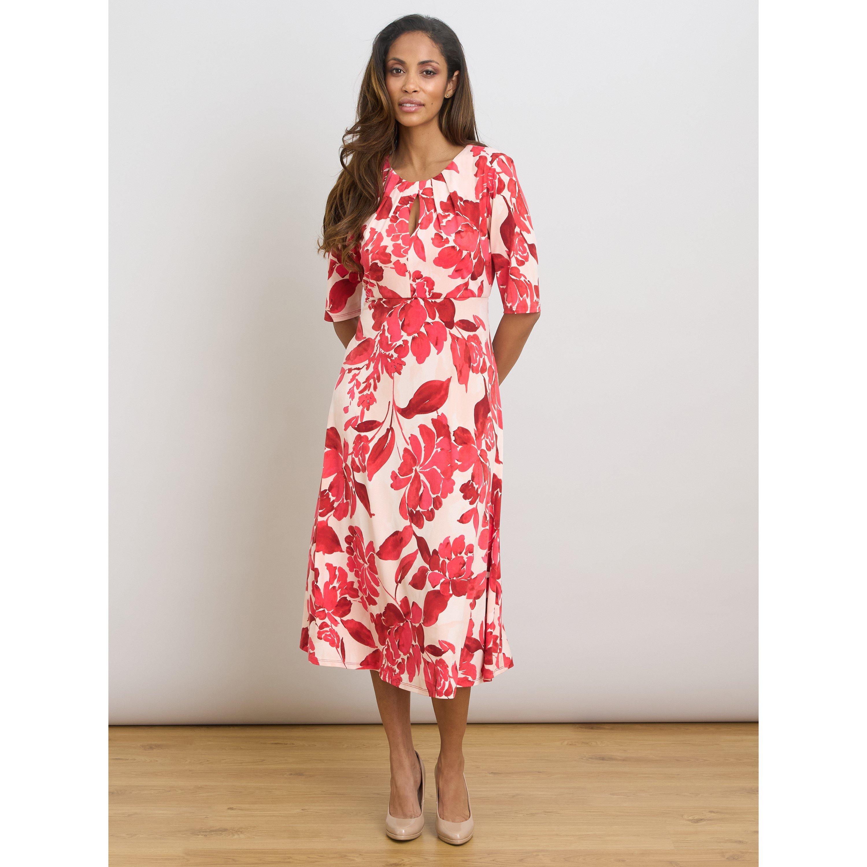 Red / White - Gina Bacconi - Maybelle Keyhole Print Midi Dress - 2