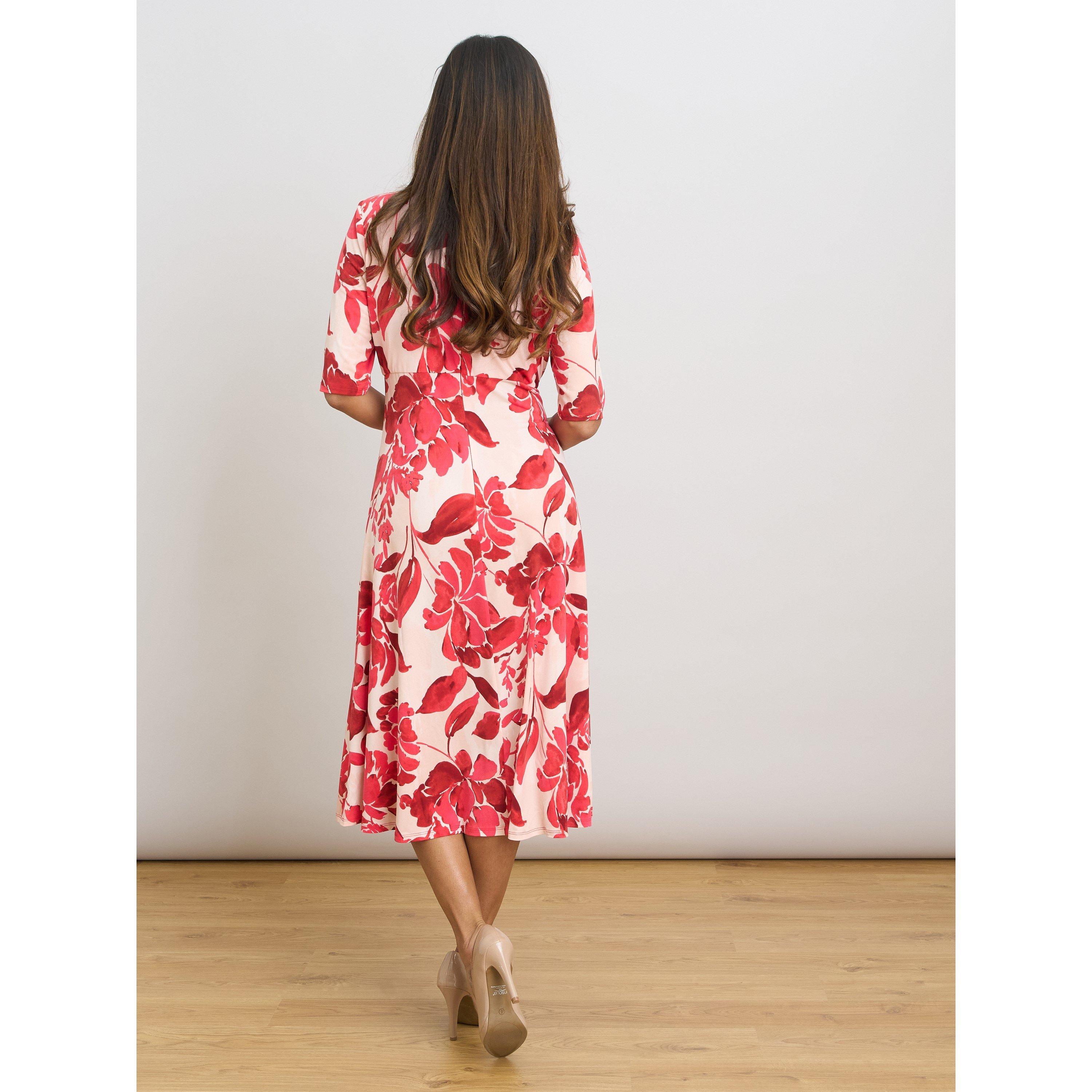 Red / White - Gina Bacconi - Maybelle Keyhole Print Midi Dress - 3