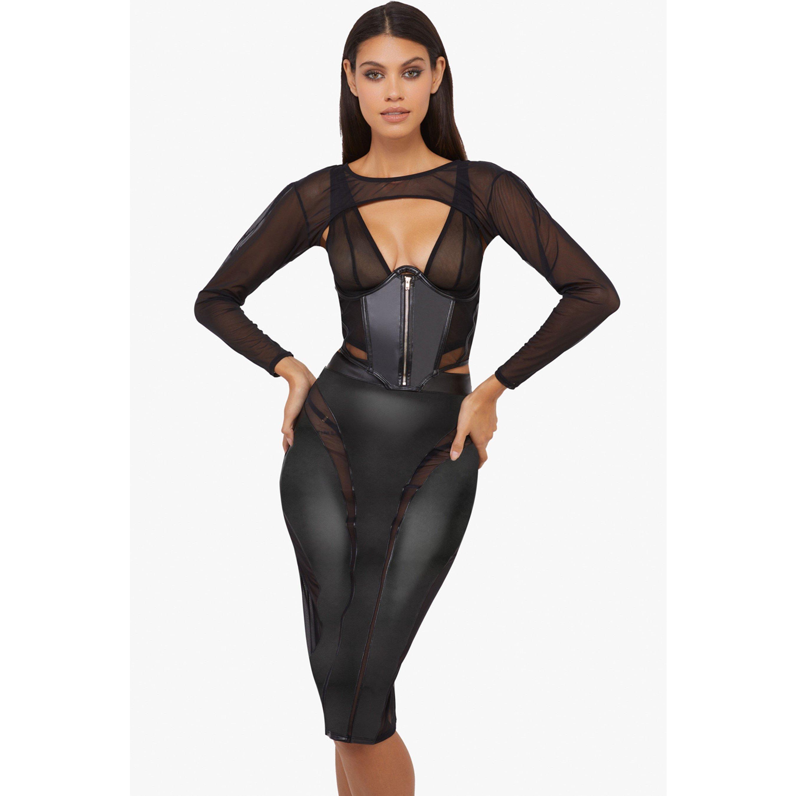 Black - Wolf and Whistle - Maeve Black Vegan Leather Mesh Insert Pencil Skirt - 3