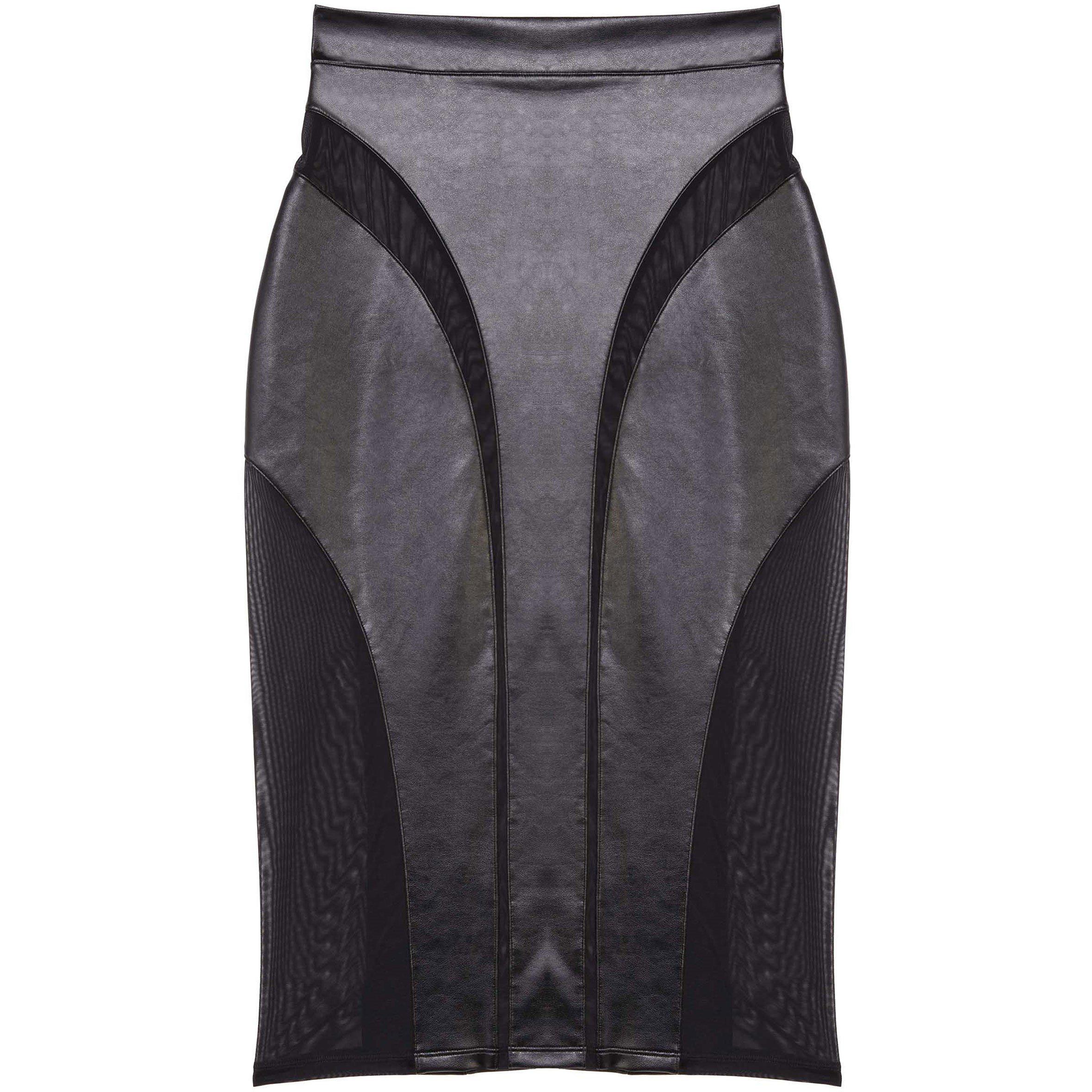 Black - Wolf and Whistle - Maeve Black Vegan Leather Mesh Insert Pencil Skirt - 4