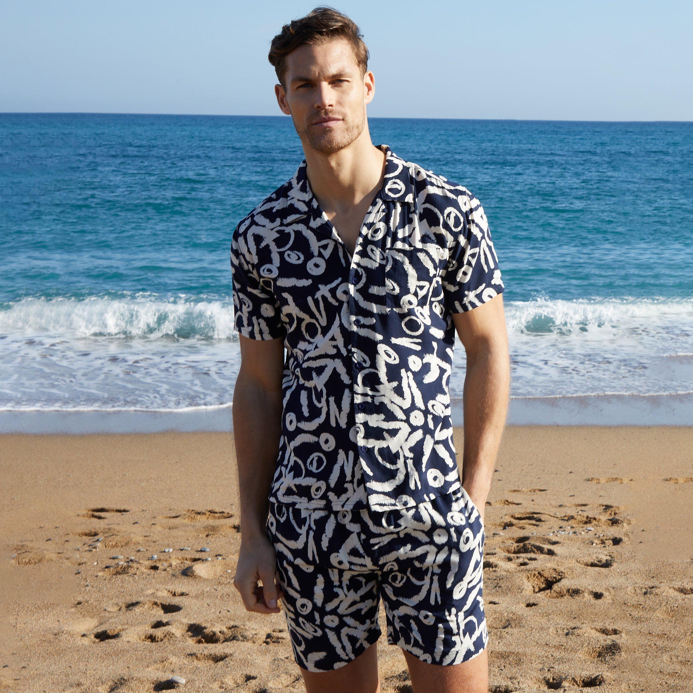 Navy - Threadbare - Abstract Print Revere Collar Short Sleeve Shirt - 1