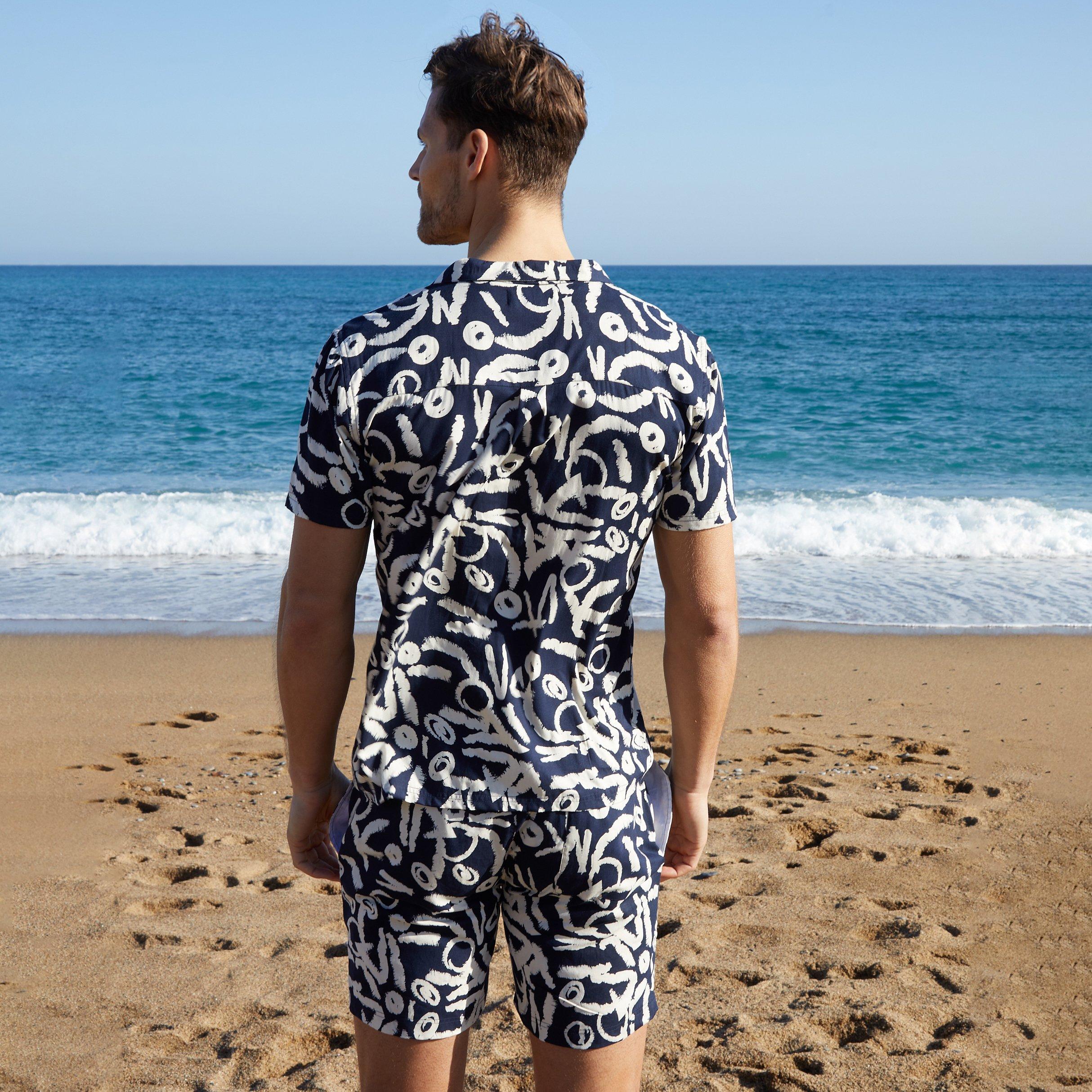 Navy - Threadbare - Abstract Print Revere Collar Short Sleeve Shirt - 2