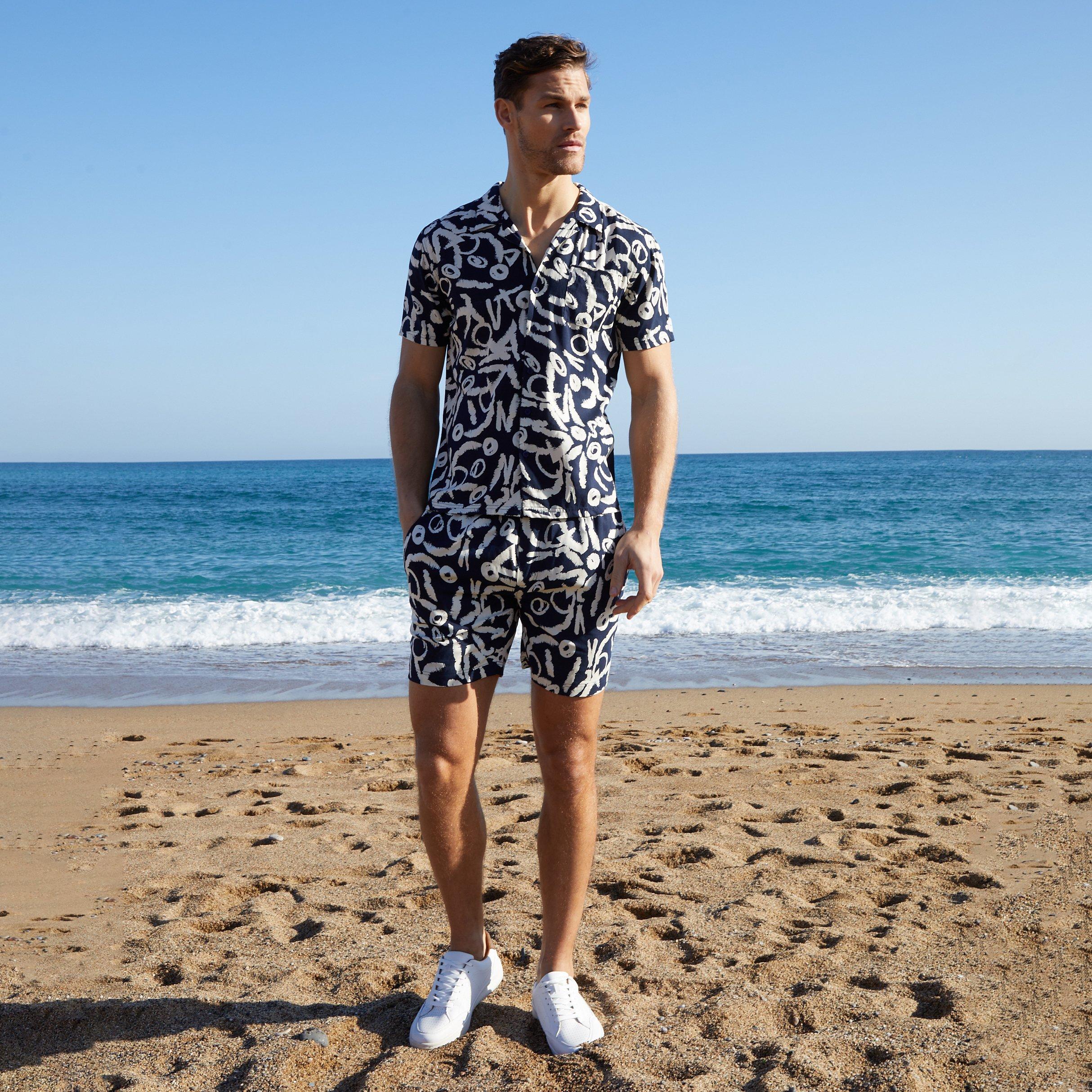 Navy - Threadbare - Abstract Print Revere Collar Short Sleeve Shirt - 3