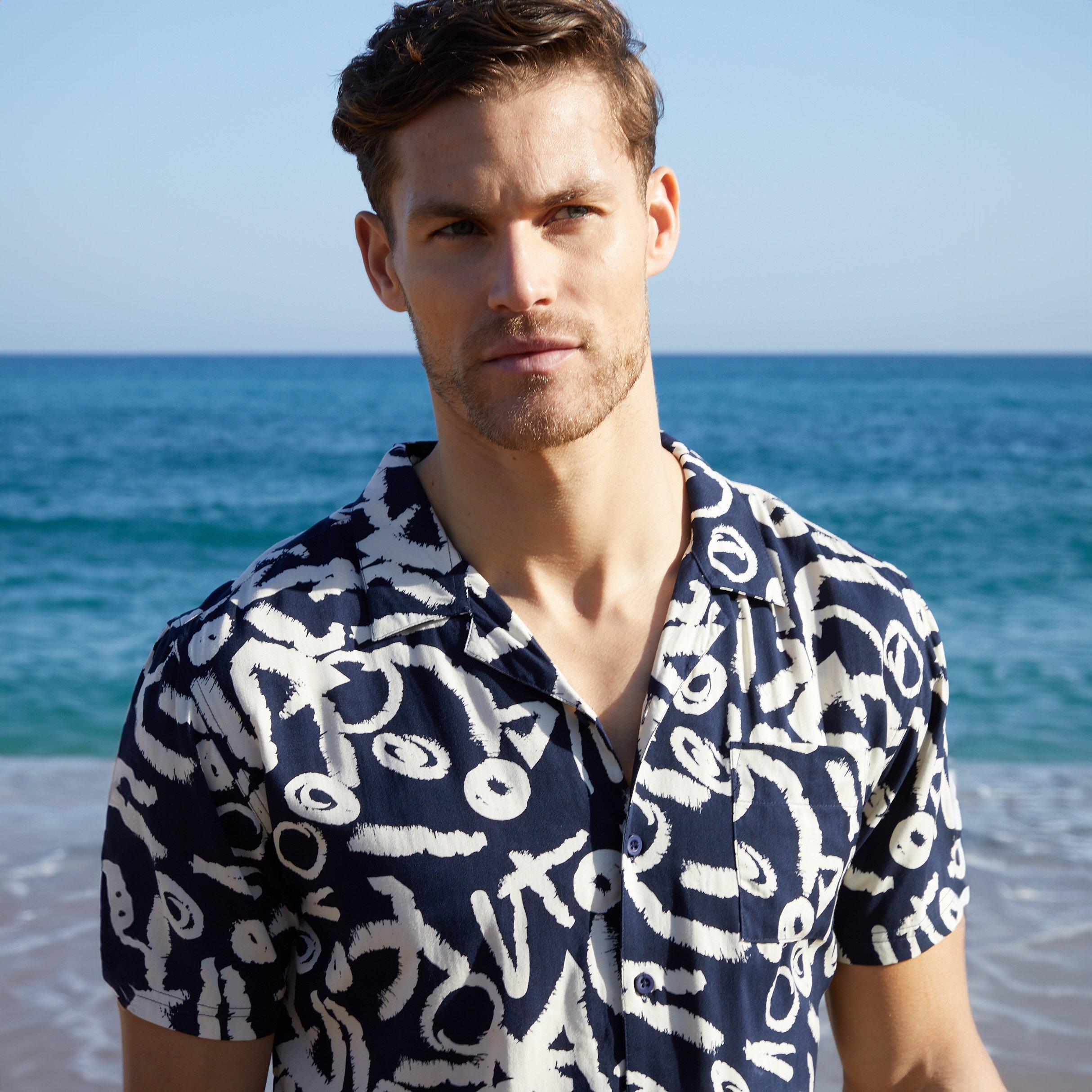 Navy - Threadbare - Abstract Print Revere Collar Short Sleeve Shirt - 4