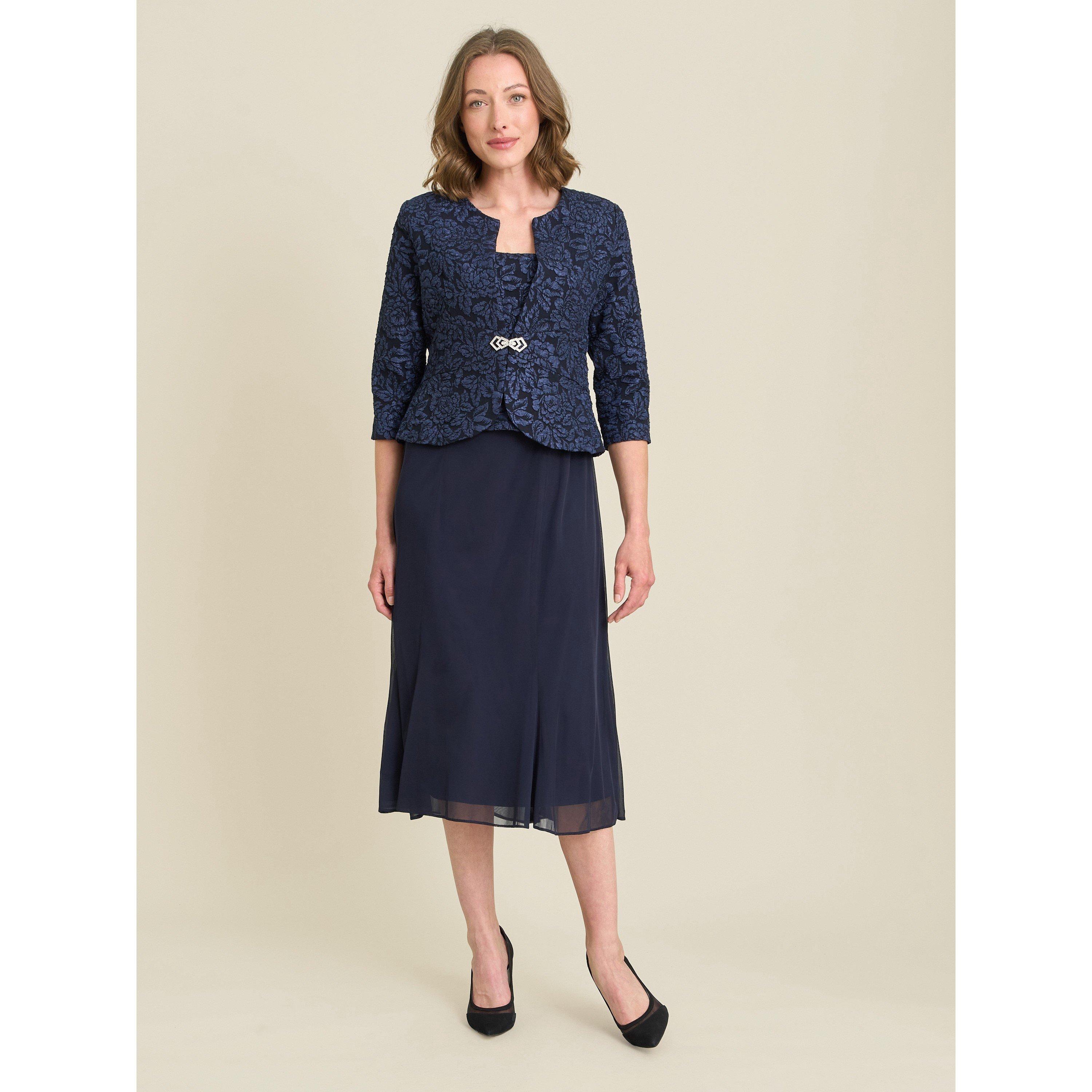 Navy - Gina Bacconi - Sheryl Textured Jacket And Chiffon Dress - 3