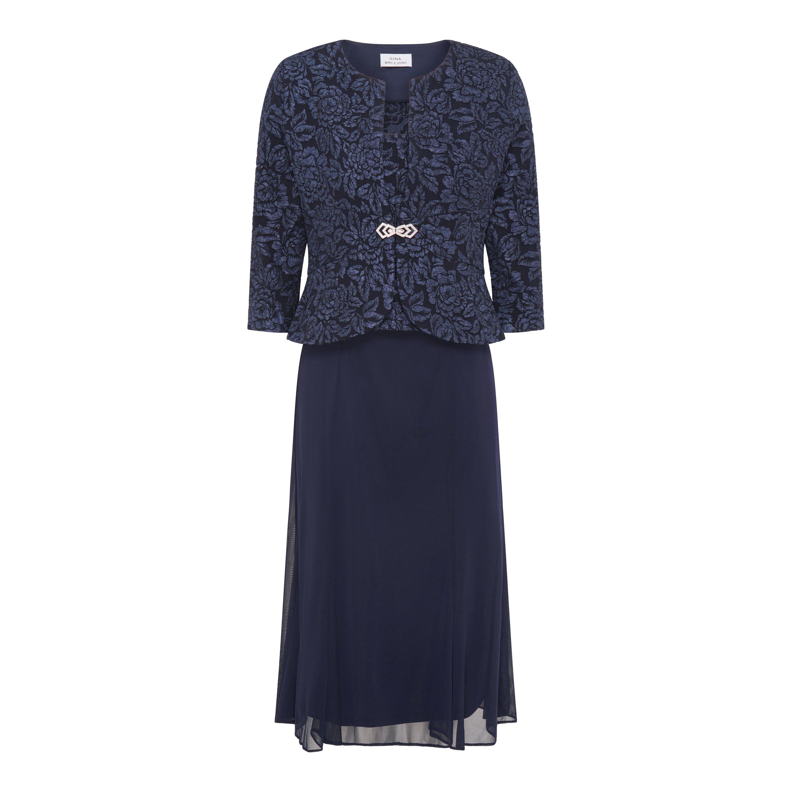 Navy - Gina Bacconi - Sheryl Textured Jacket And Chiffon Dress - 4