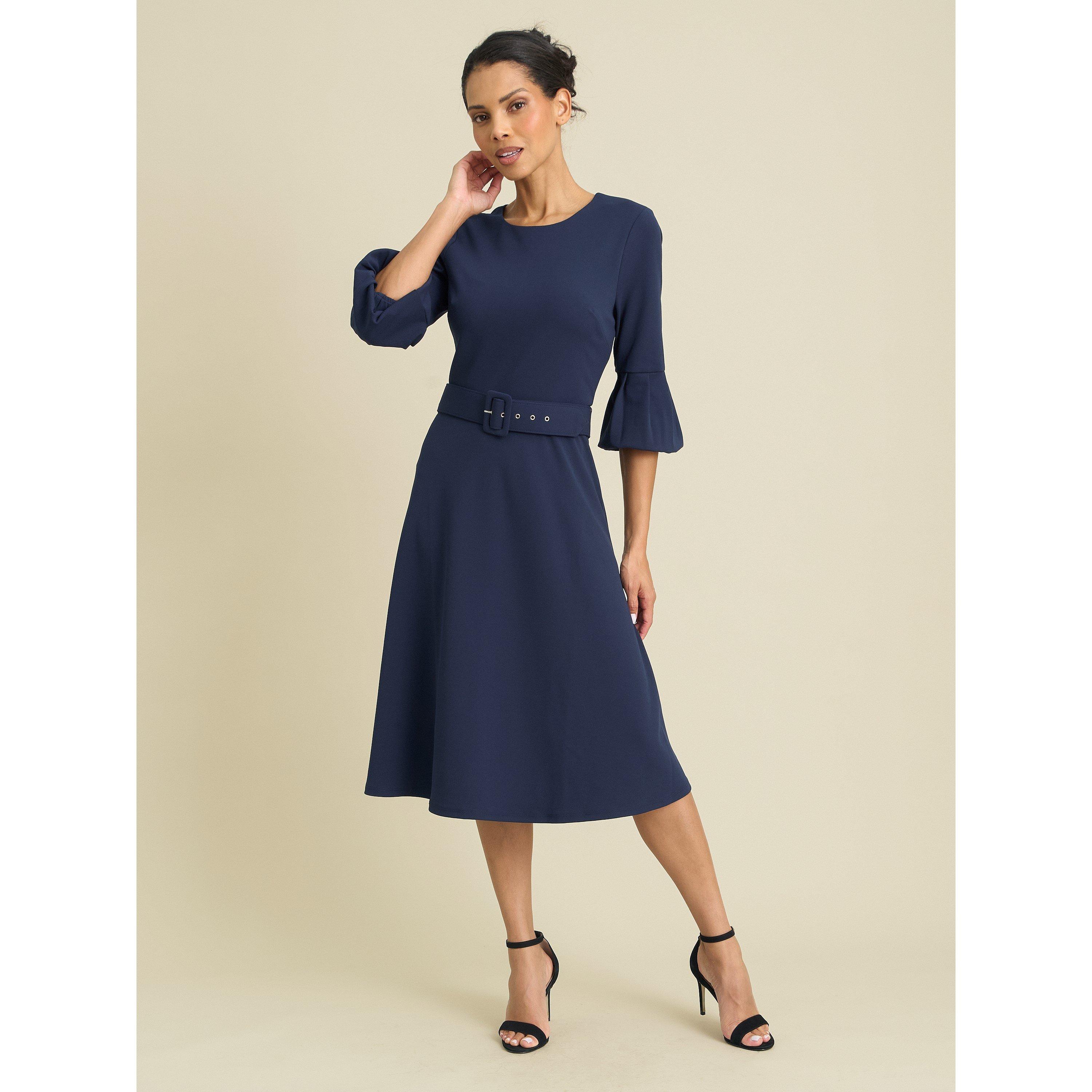 Navy - Gina Bacconi - Viv Jewel Neck Belted Flare Dress - 1