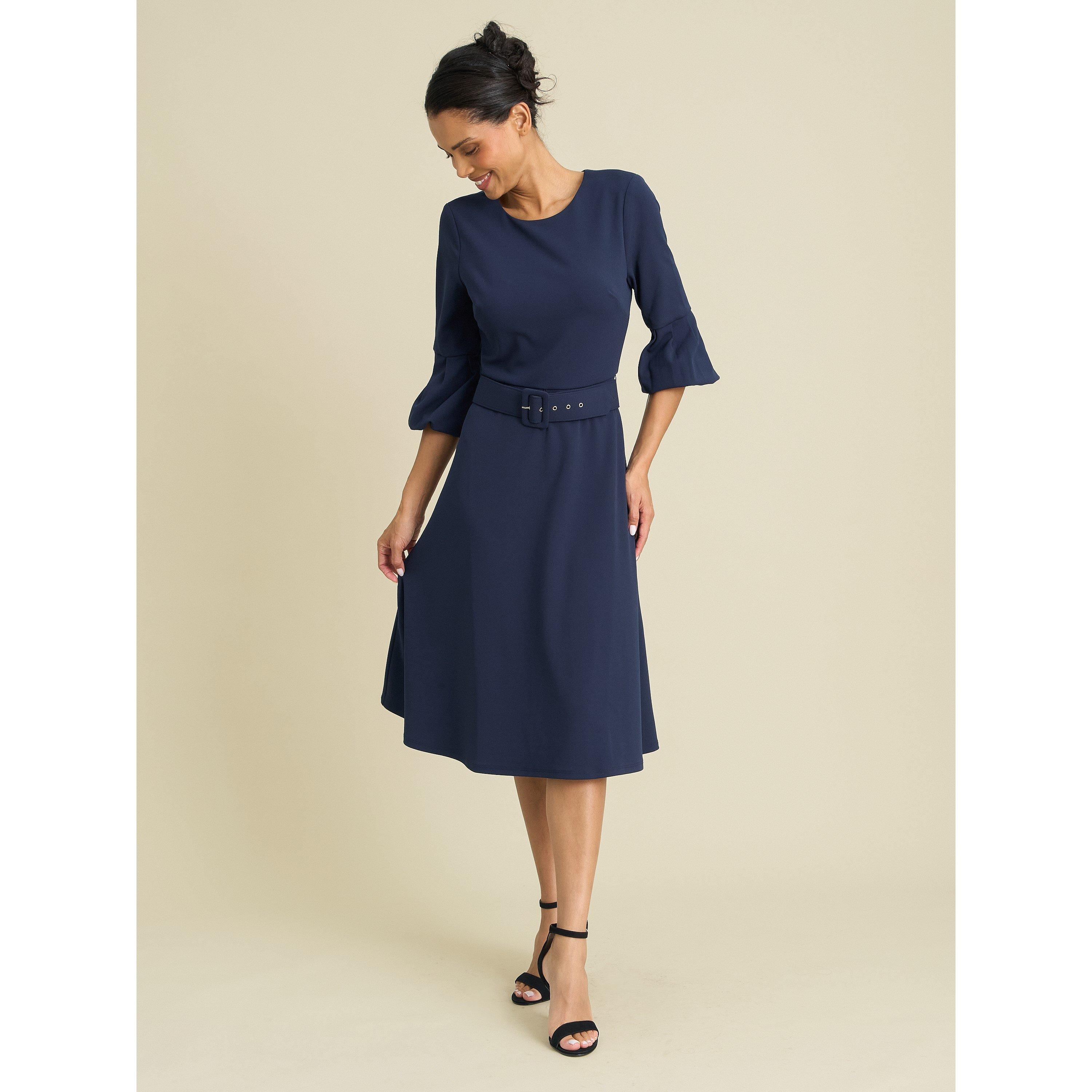 Navy - Gina Bacconi - Viv Jewel Neck Belted Flare Dress - 6