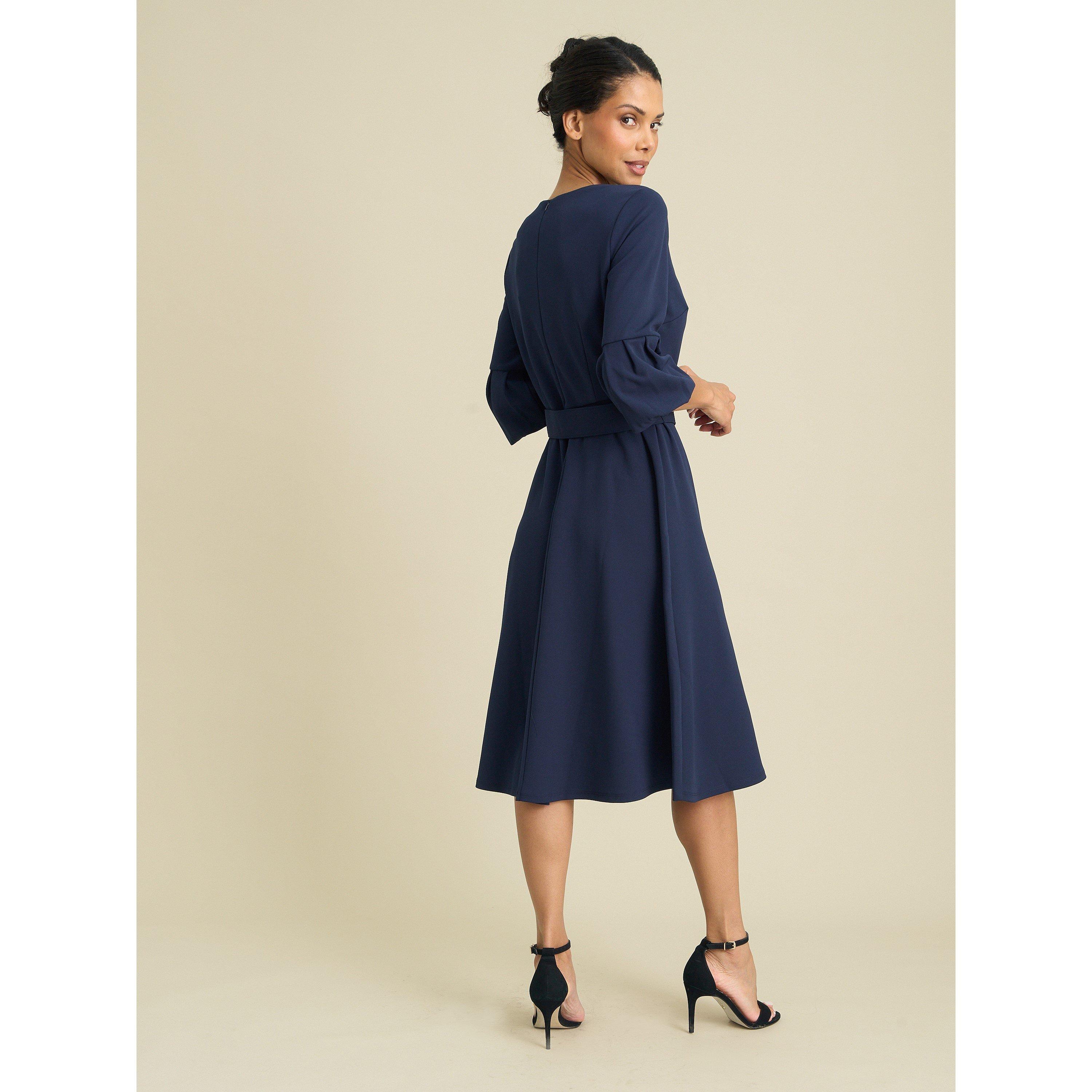 Navy - Gina Bacconi - Viv Jewel Neck Belted Flare Dress - 7