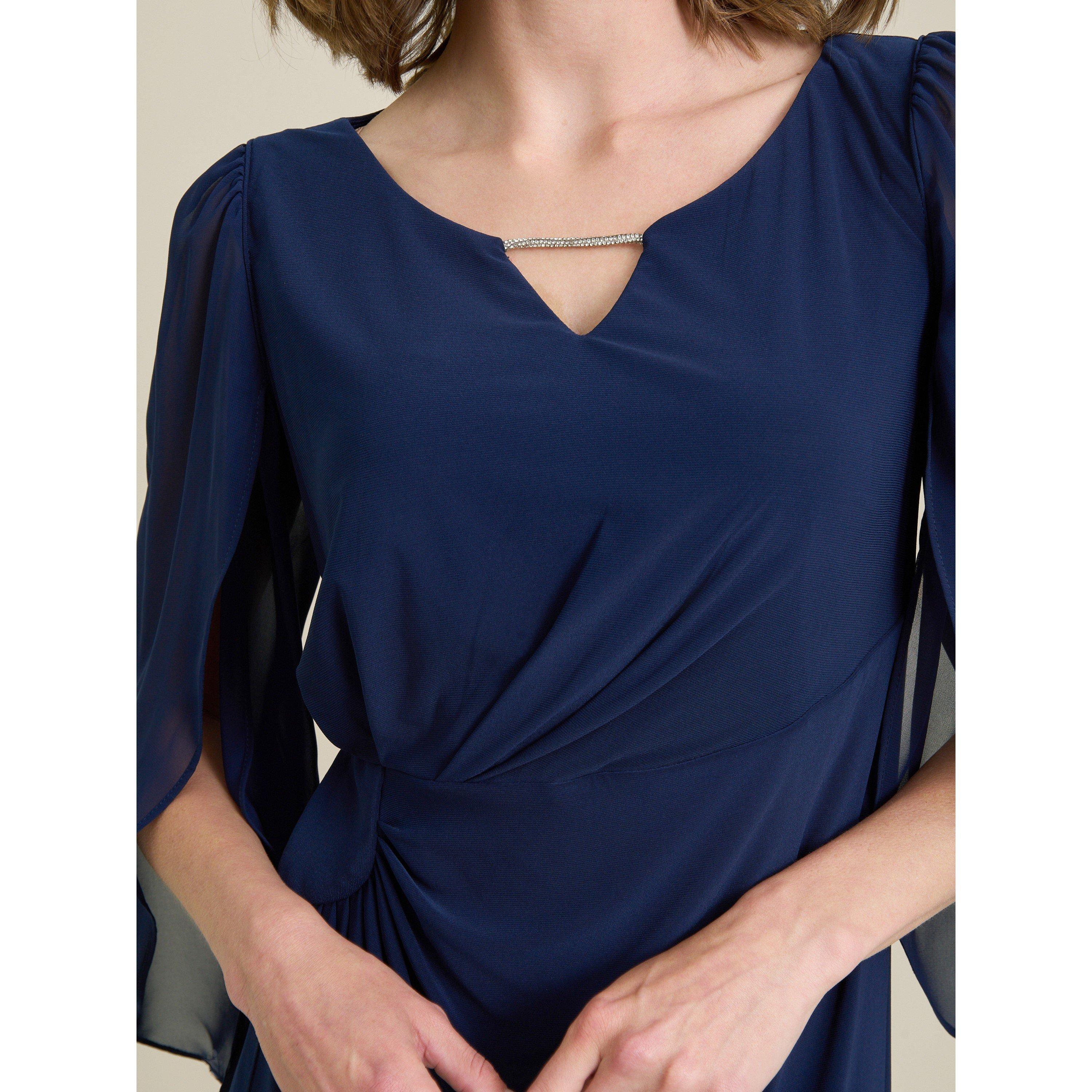 Navy - Gina Bacconi - Maddy Diamante Trim Dress With Chiffon Sleeves - 5