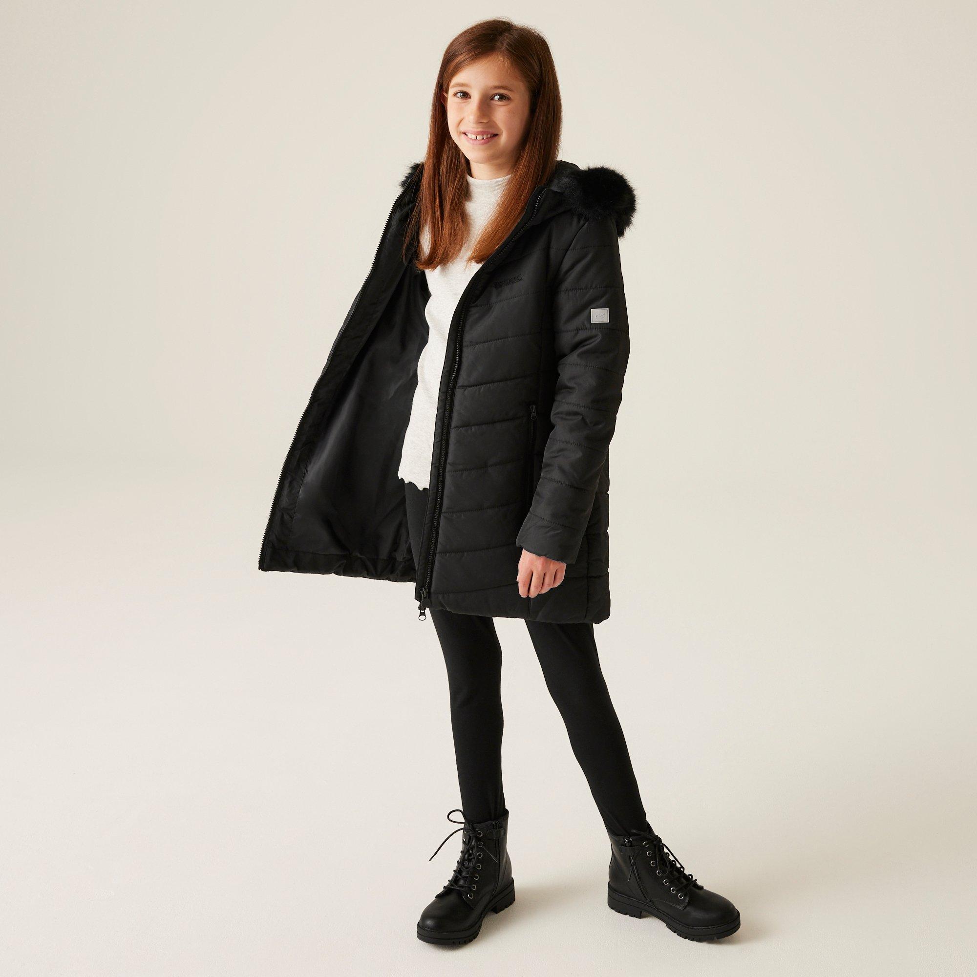 Black - Regatta - Unisex Kids' Fabrizia Water-Repellent Insulated Faux Fur Trim Long Sleeve Quilted Jacket - 3