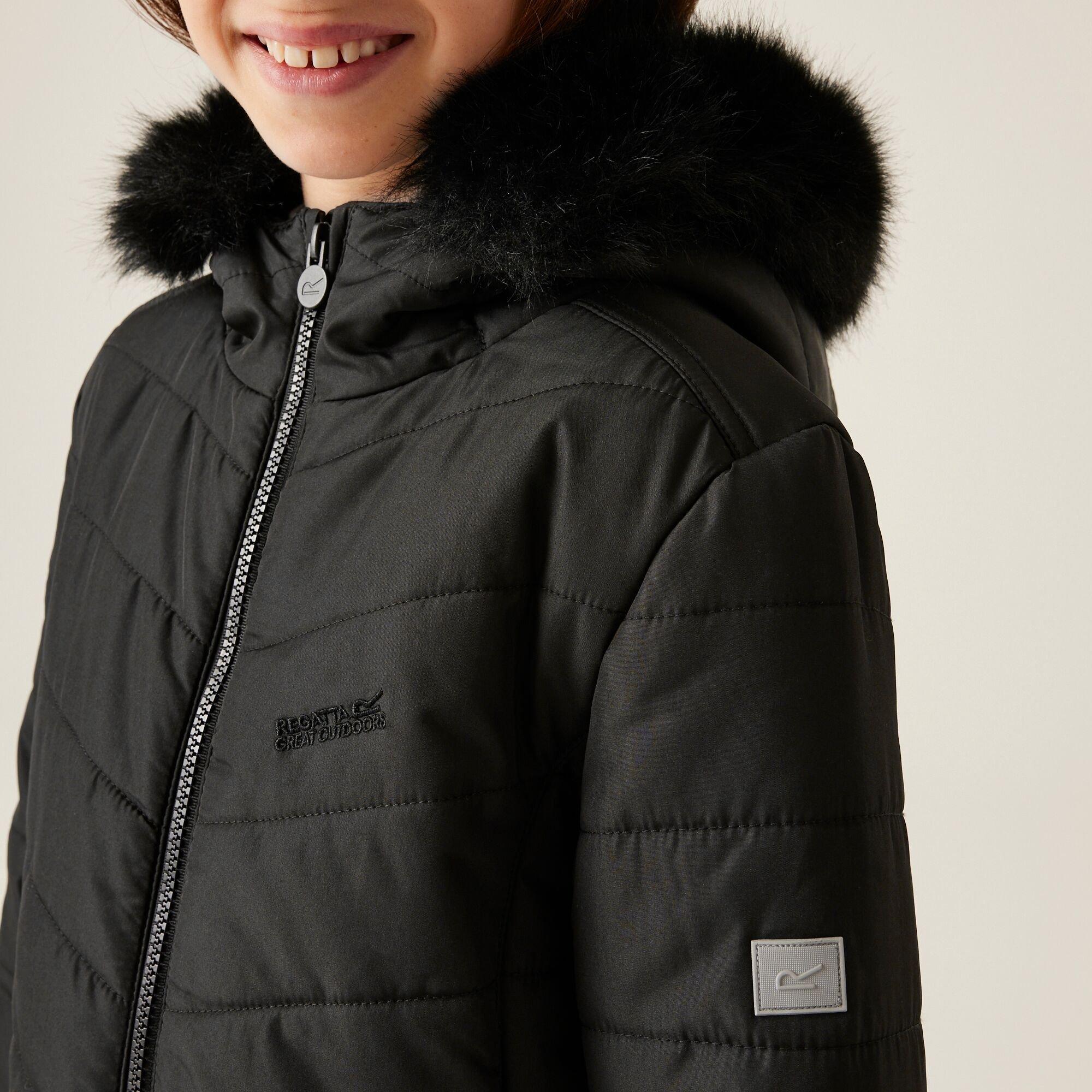 Black - Regatta - Unisex Kids' Fabrizia Water-Repellent Insulated Faux Fur Trim Long Sleeve Quilted Jacket - 4