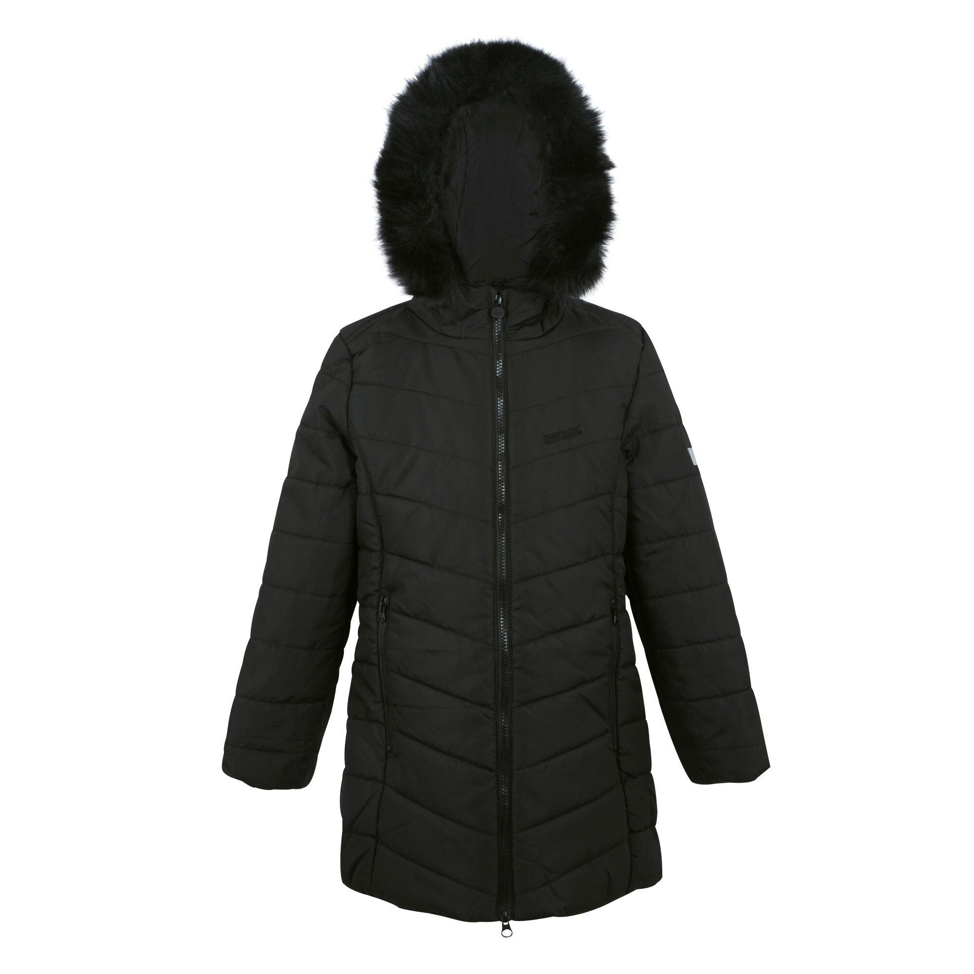 Black - Regatta - Unisex Kids' Fabrizia Water-Repellent Insulated Faux Fur Trim Long Sleeve Quilted Jacket - 6