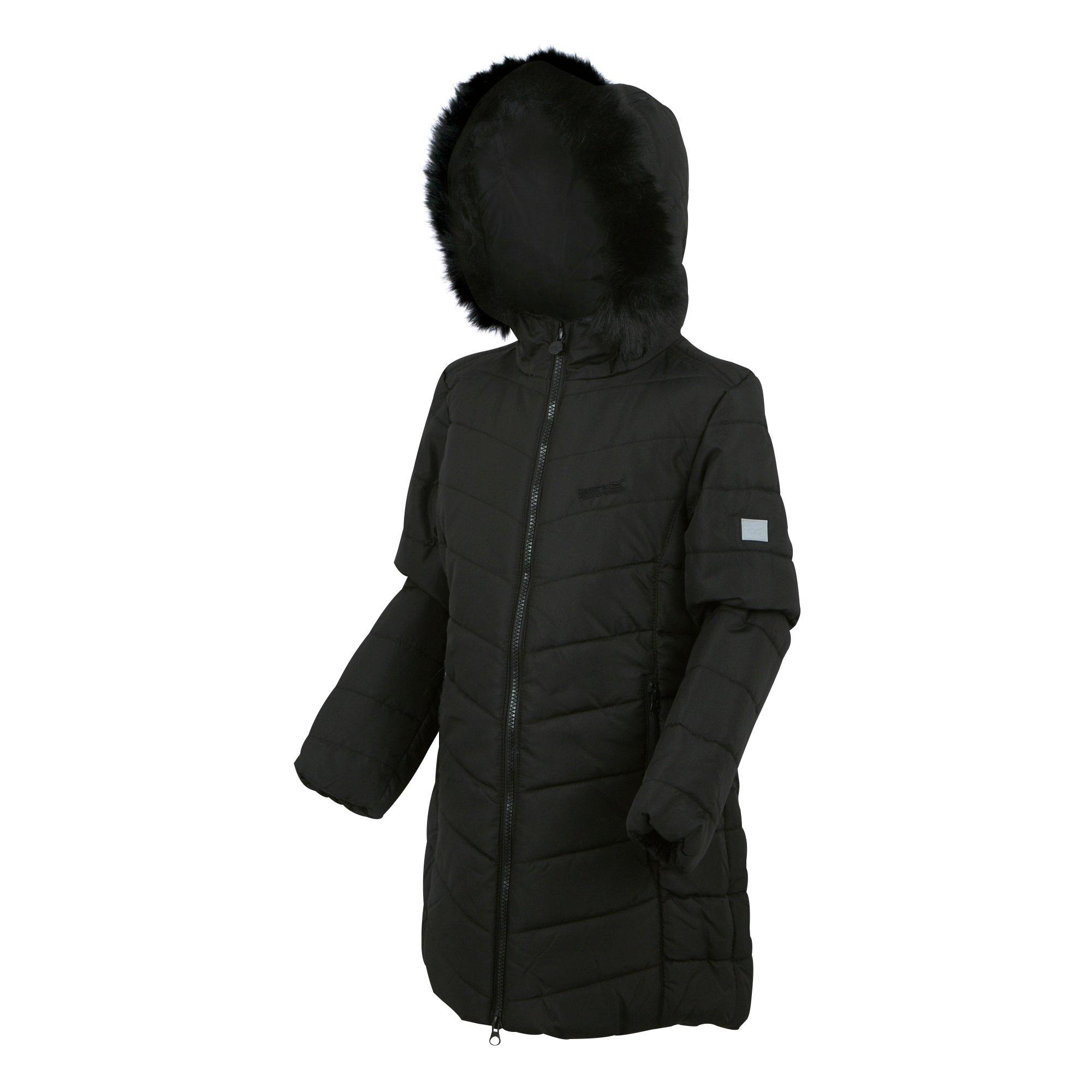 Black - Regatta - Unisex Kids' Fabrizia Water-Repellent Insulated Faux Fur Trim Long Sleeve Quilted Jacket - 8