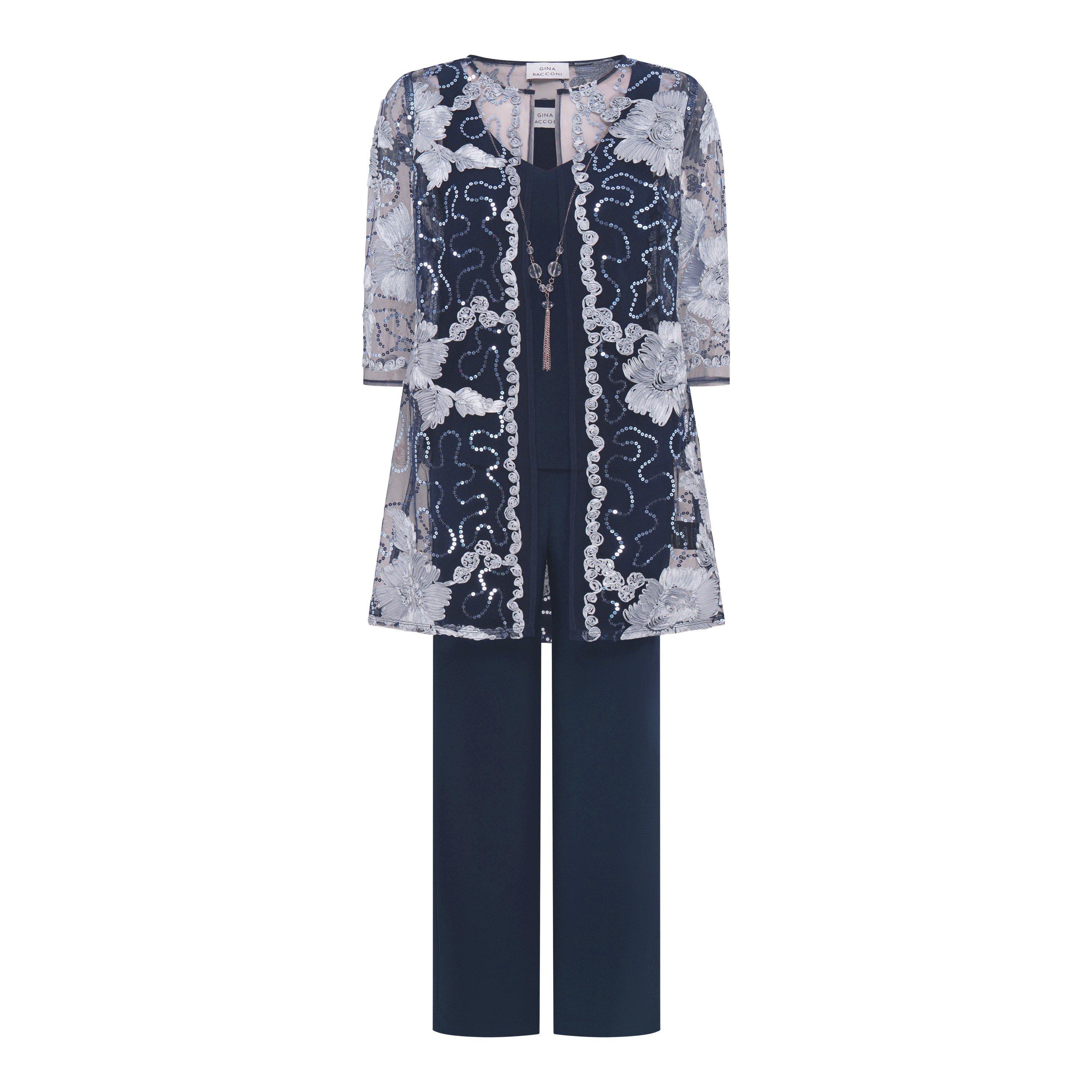Navy - Gina Bacconi - Jennie Embroidered Mesh Three Piece Set - 4