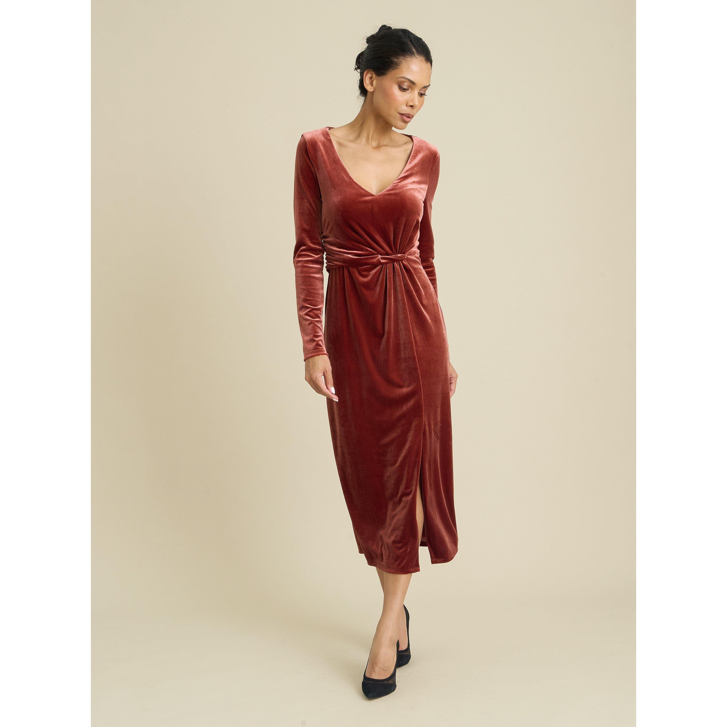 Rust - Gina Bacconi - Annamaria Velvet Midi Dress - 2