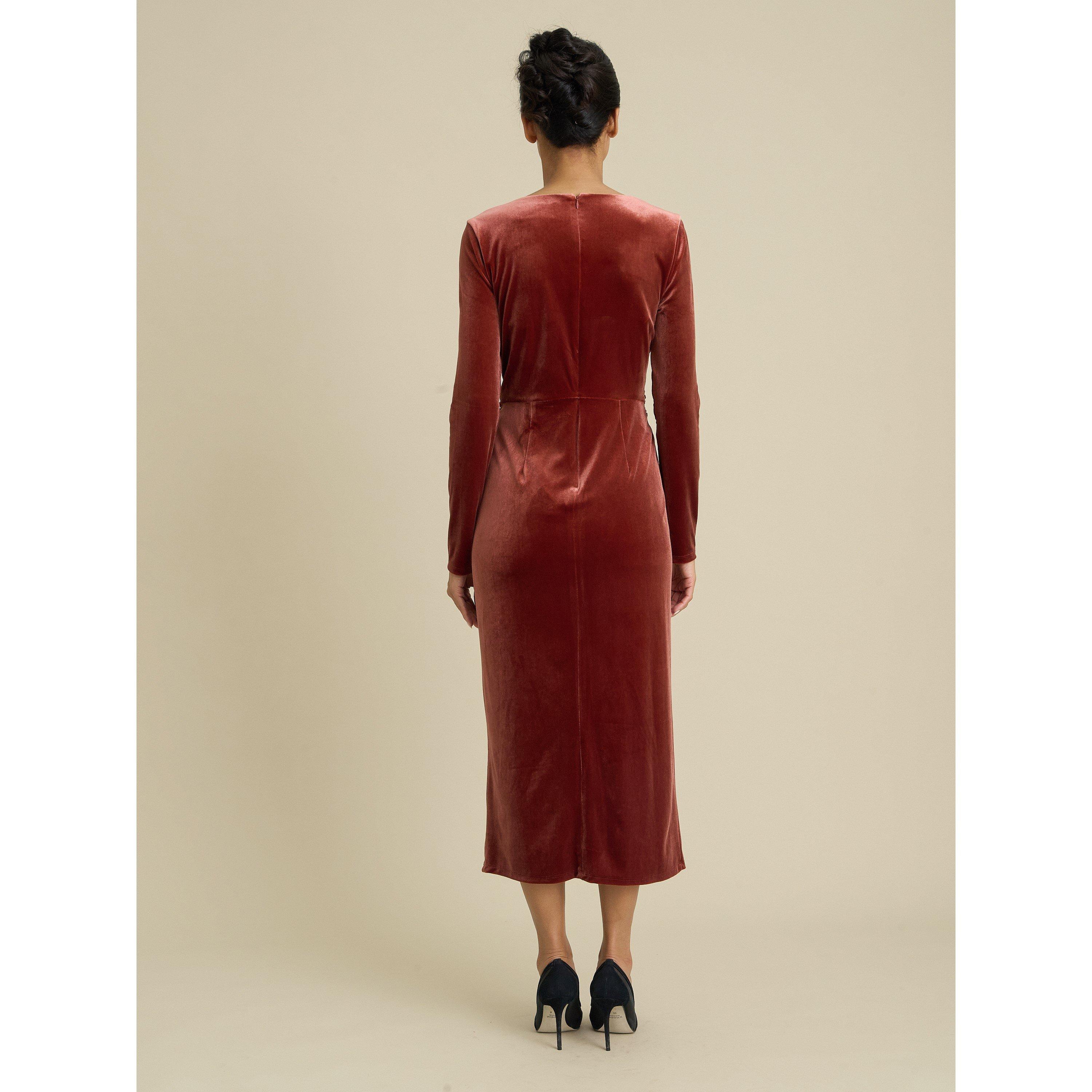 Rust - Gina Bacconi - Annamaria Velvet Midi Dress - 5