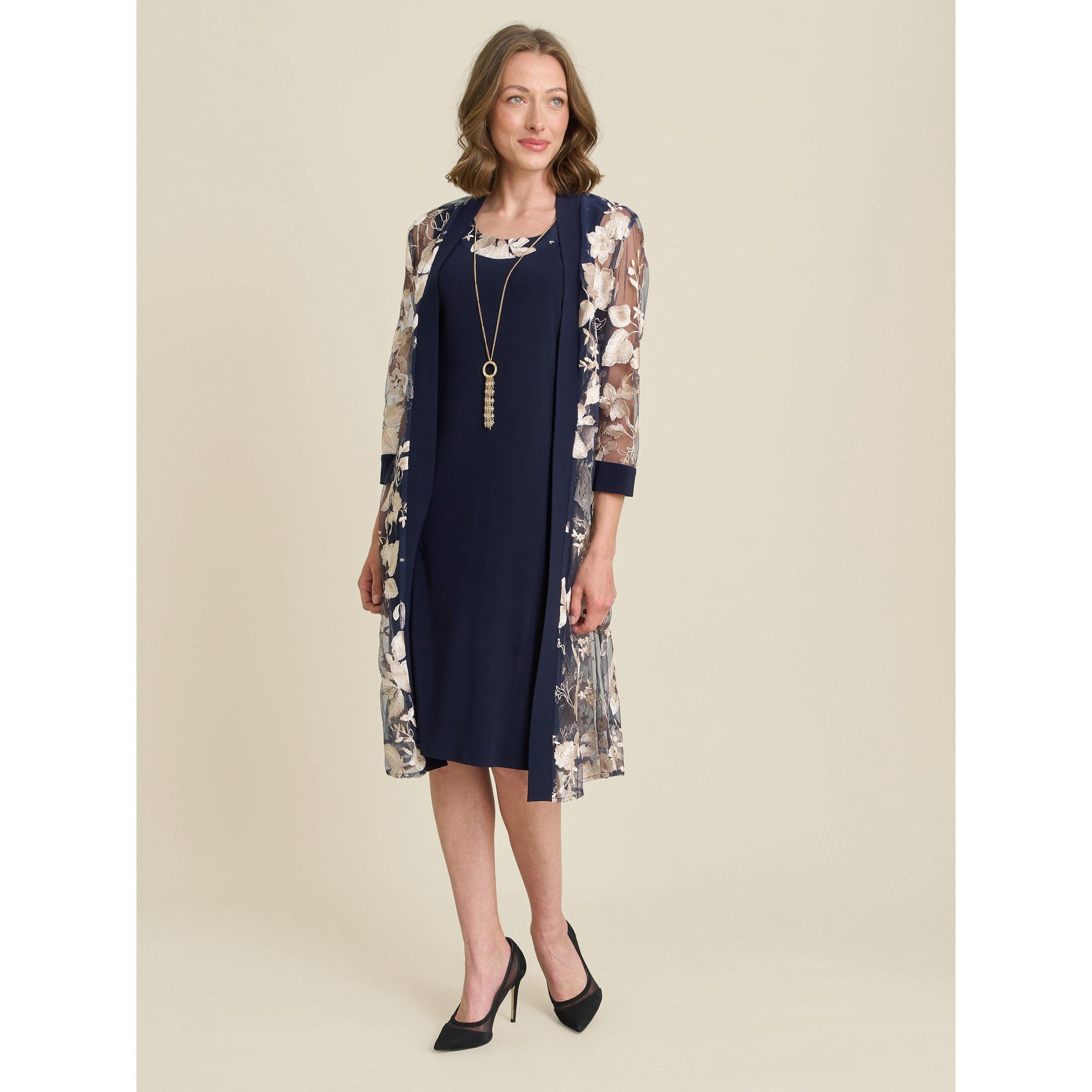 Navy - Gina Bacconi - Macey Dress With Floral Sheer Jacket - 1