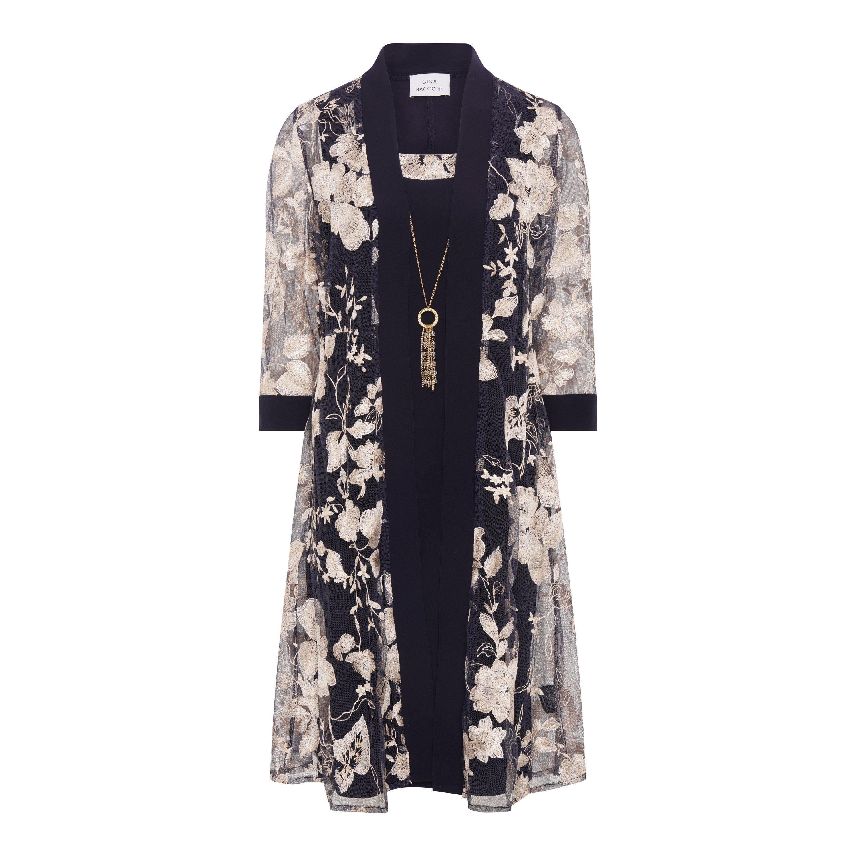 Navy - Gina Bacconi - Macey Dress With Floral Sheer Jacket - 4