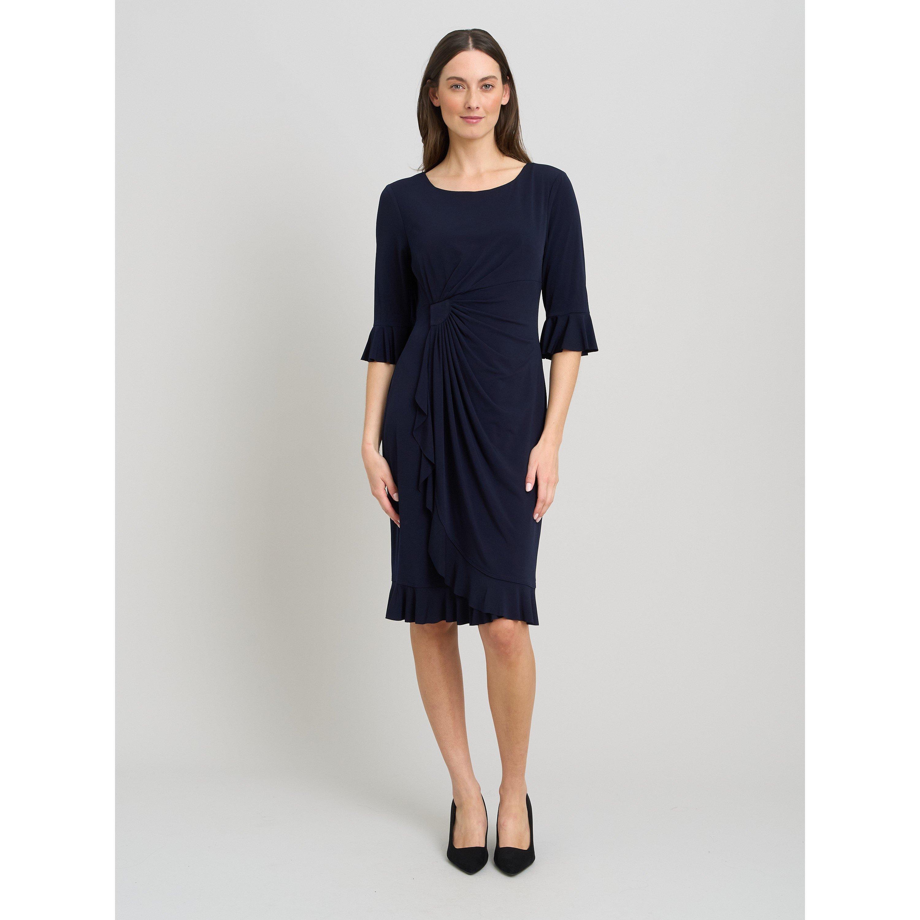 Navy - Gina Bacconi - Faux Wrap Jersey Dress With Frill Hem - 1